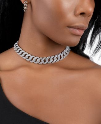 Silver-Tone Crystal Cuban Chain Choker Necklace, 12-1/2" + 3" extender