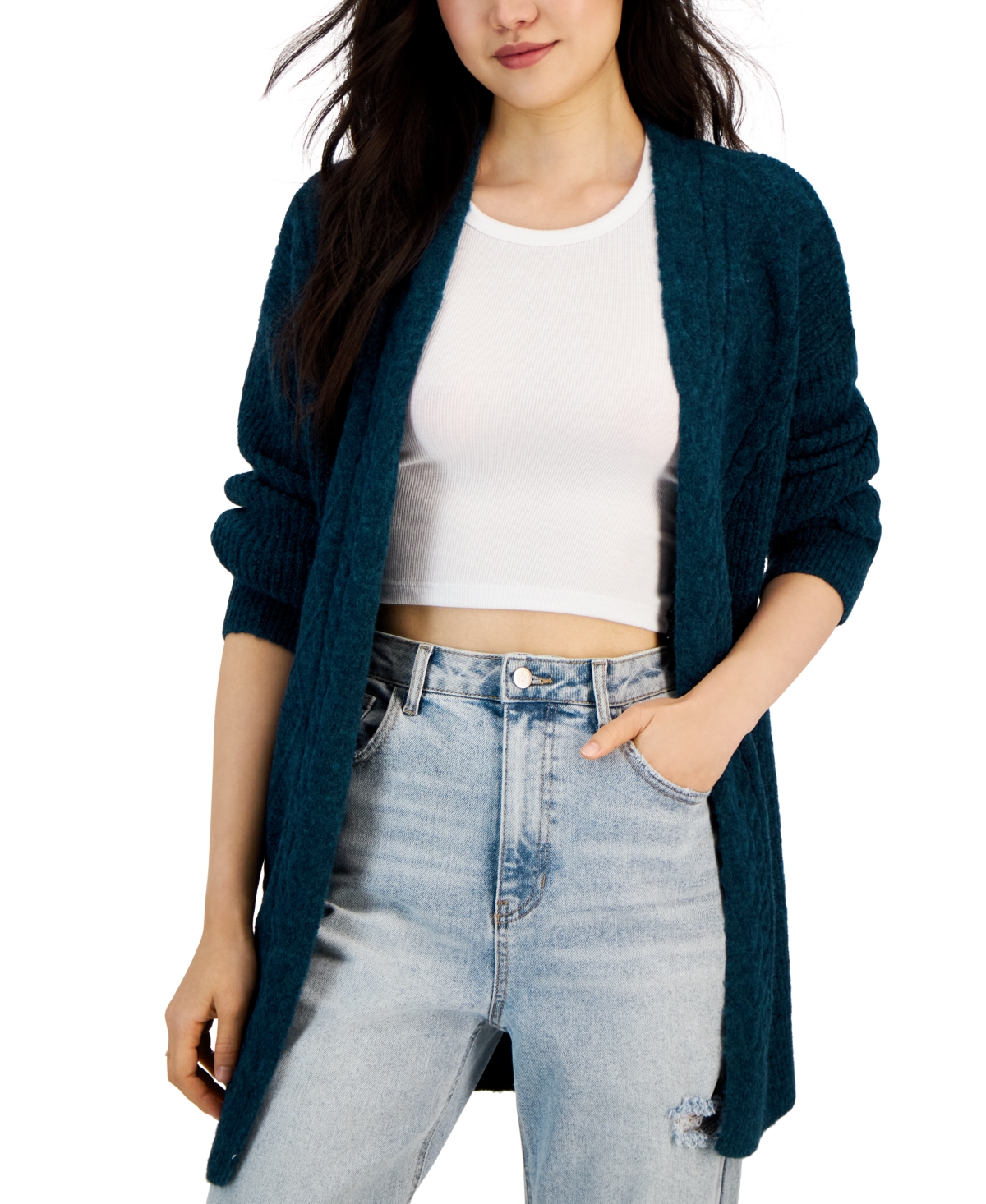 Hooked Up By Iot Juniors' Fisherman-knit Open-front Long Cardigan In Teal Building