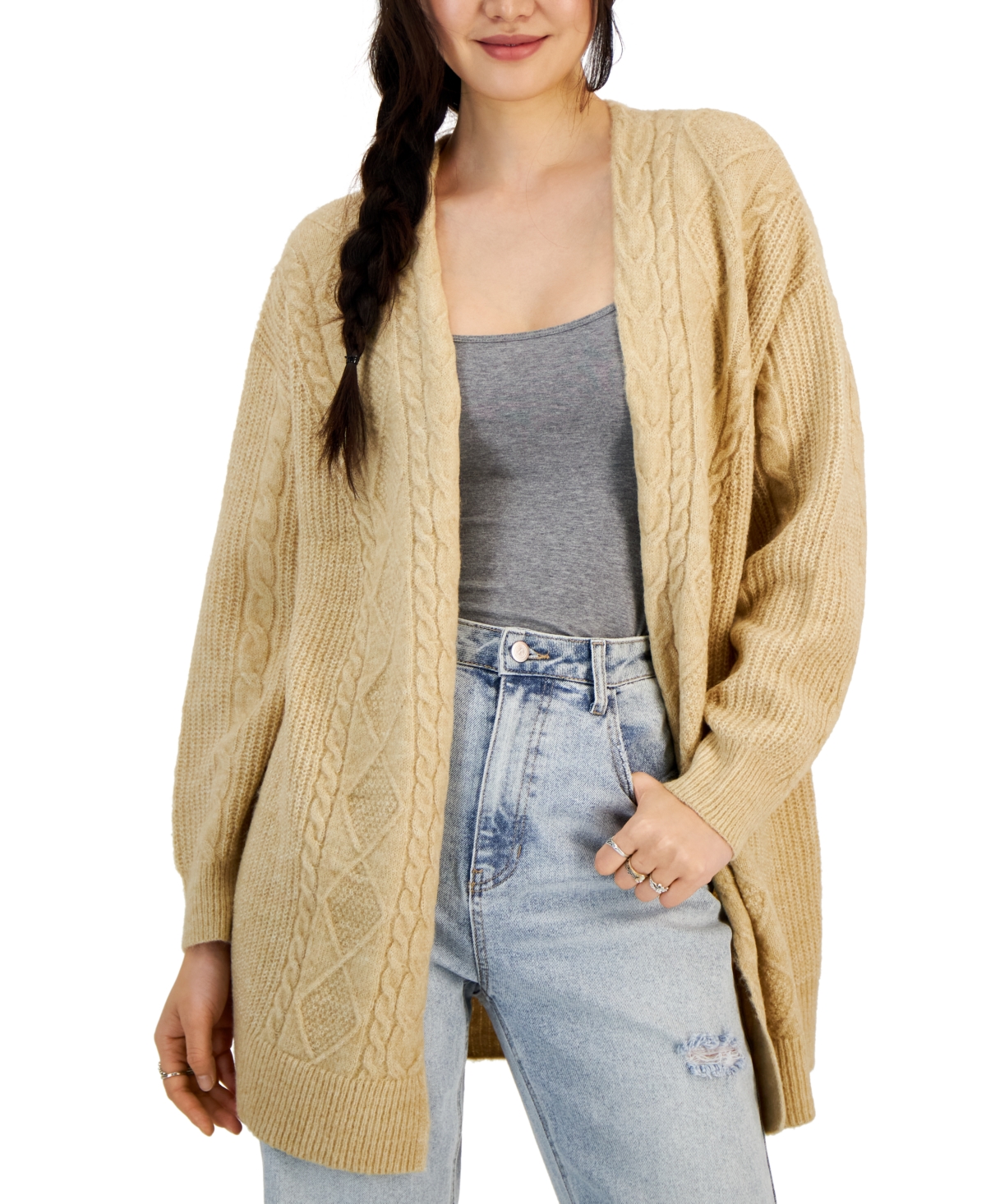 Hooked Up By Iot Juniors' Fisherman-knit Open-front Long Cardigan In Cashmere Sand