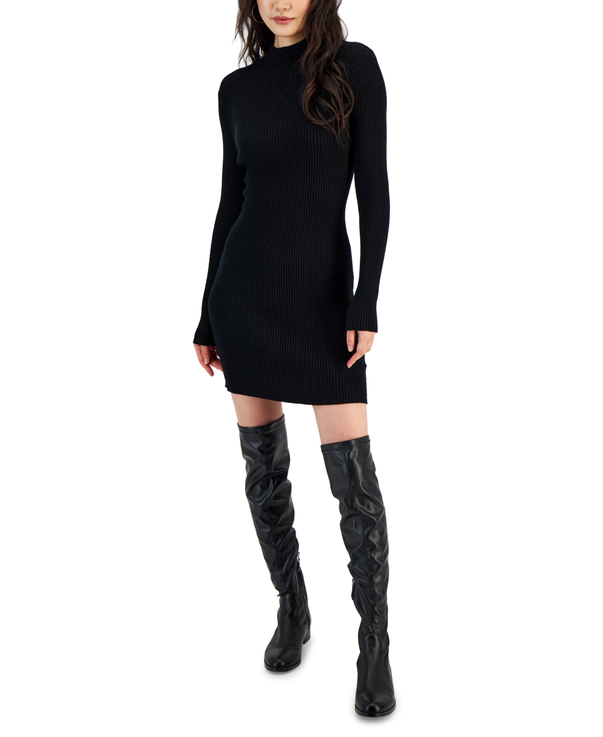 Juniors' Rib-Knit Mock Neck Mini Sweater Dress - Black