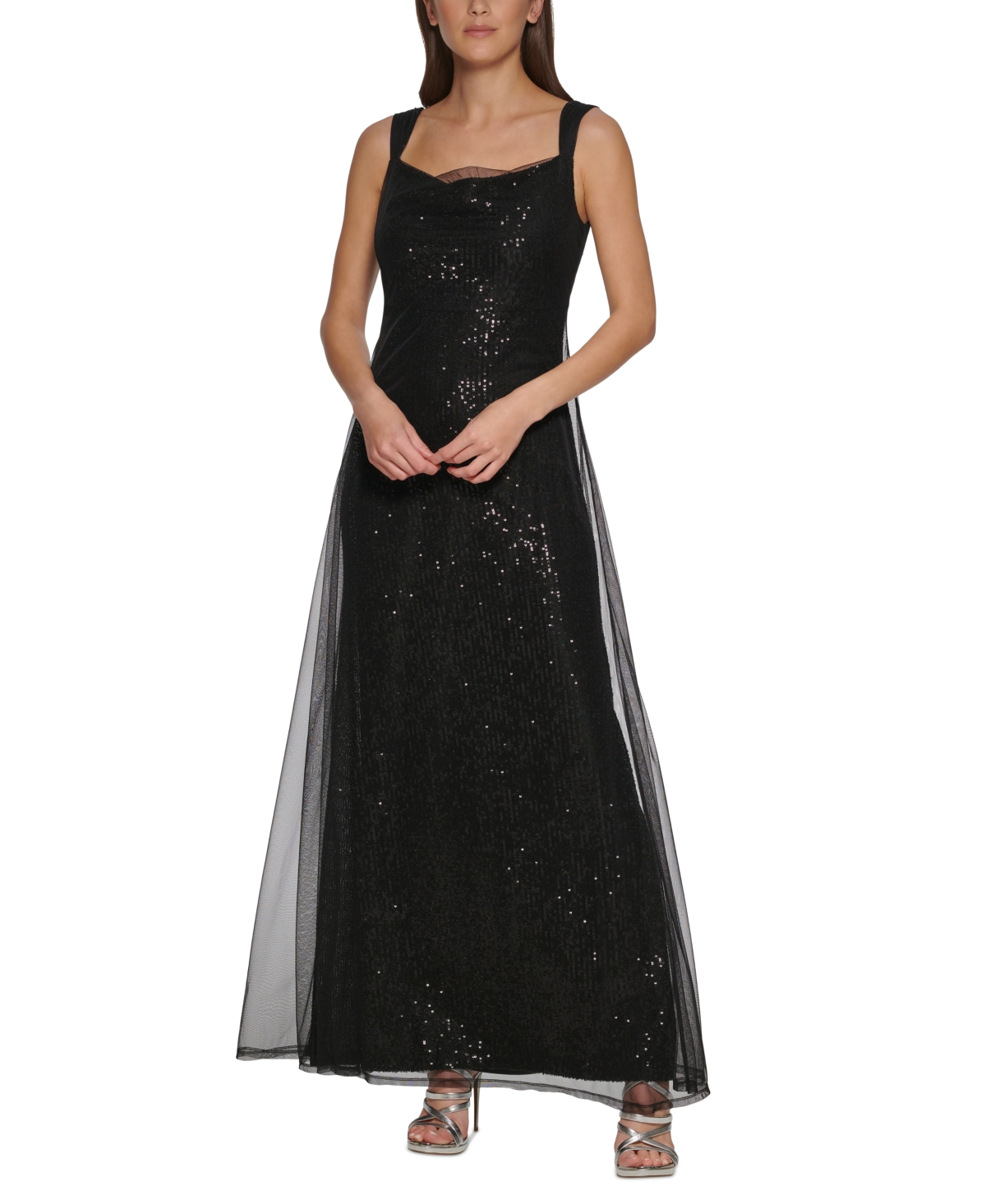 Dkny Women's Sequin Tulle-mesh Sleeveless Gown In Black