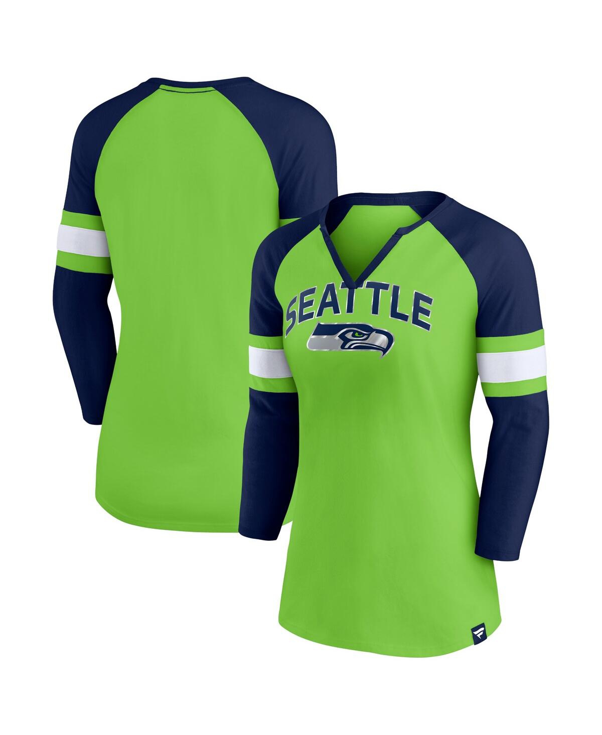 Fanatics Women's  Neon Green, College Navy Seattle Seahawks Arch Raglan 3/4-sleeve Notch Neck T-shirt In Neon Green,college Navy