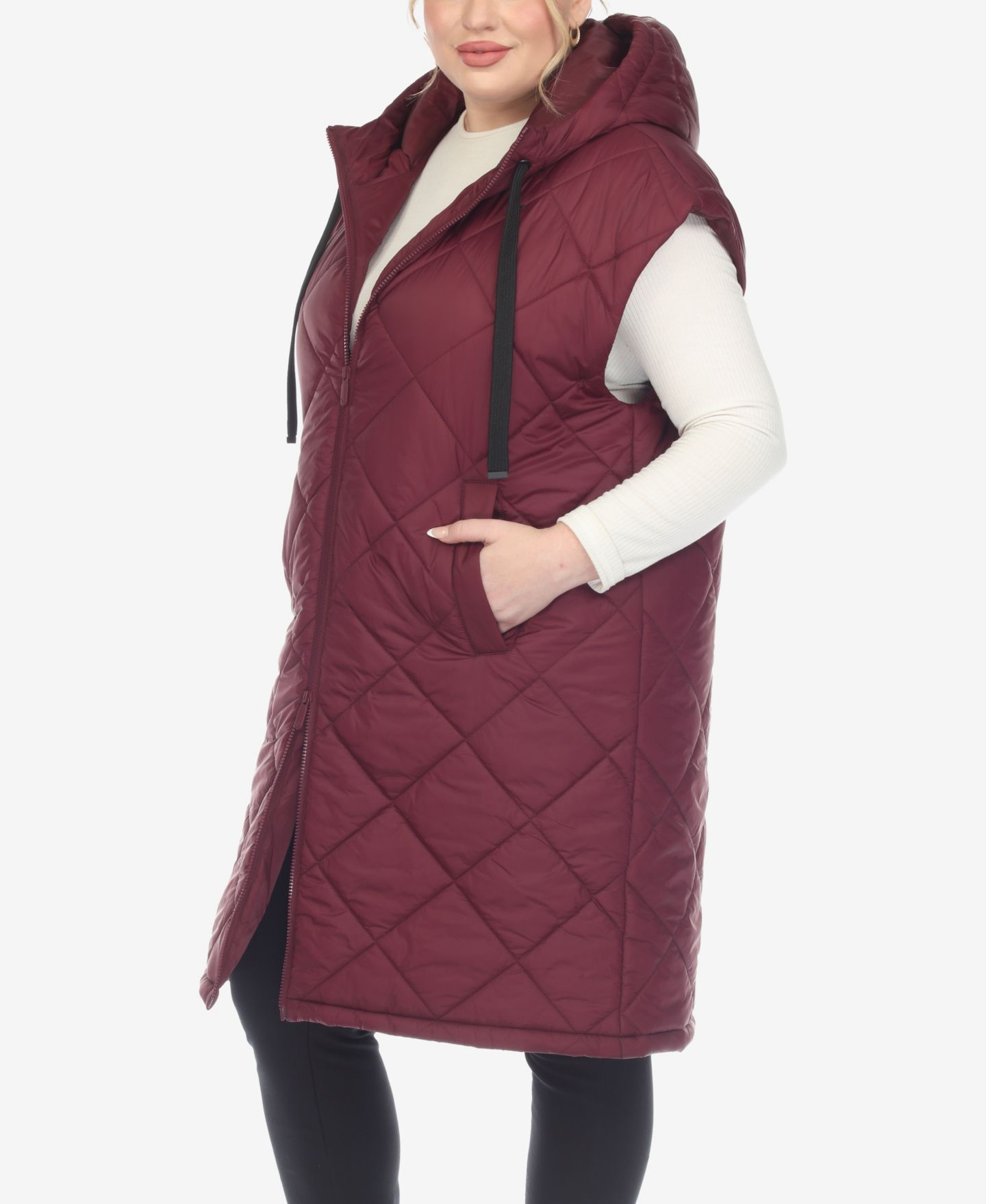 Женский жилет White Mark Plus Size Diamond Quilted Hooded Puffer Vest, цвет: Бордовый — фото 3