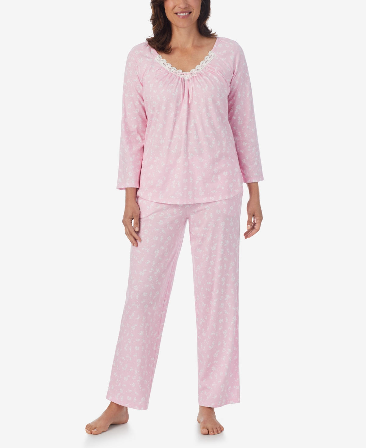 Women's 3/4 Sleeve Long Pant Pajama Set, 2 Piece - Pink, White Multi
