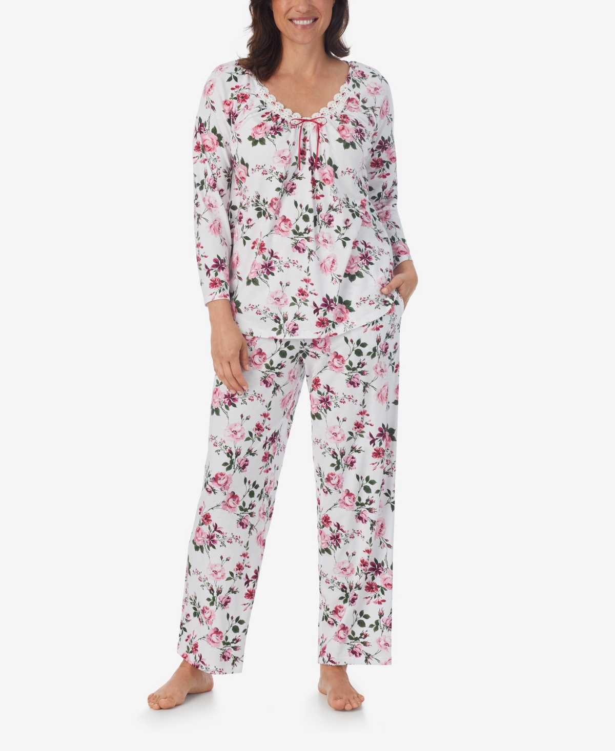 Aria Women's 3/4 Sleeve Long Pant Pajama Set, 2 Piece In Pink,white Multi