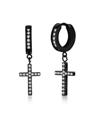 Stainless Steel Cross CZ Charm Huggie Hoop Earrings