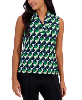 Anne Klein - Petite Printed Triple-Pleated V-Neck Top