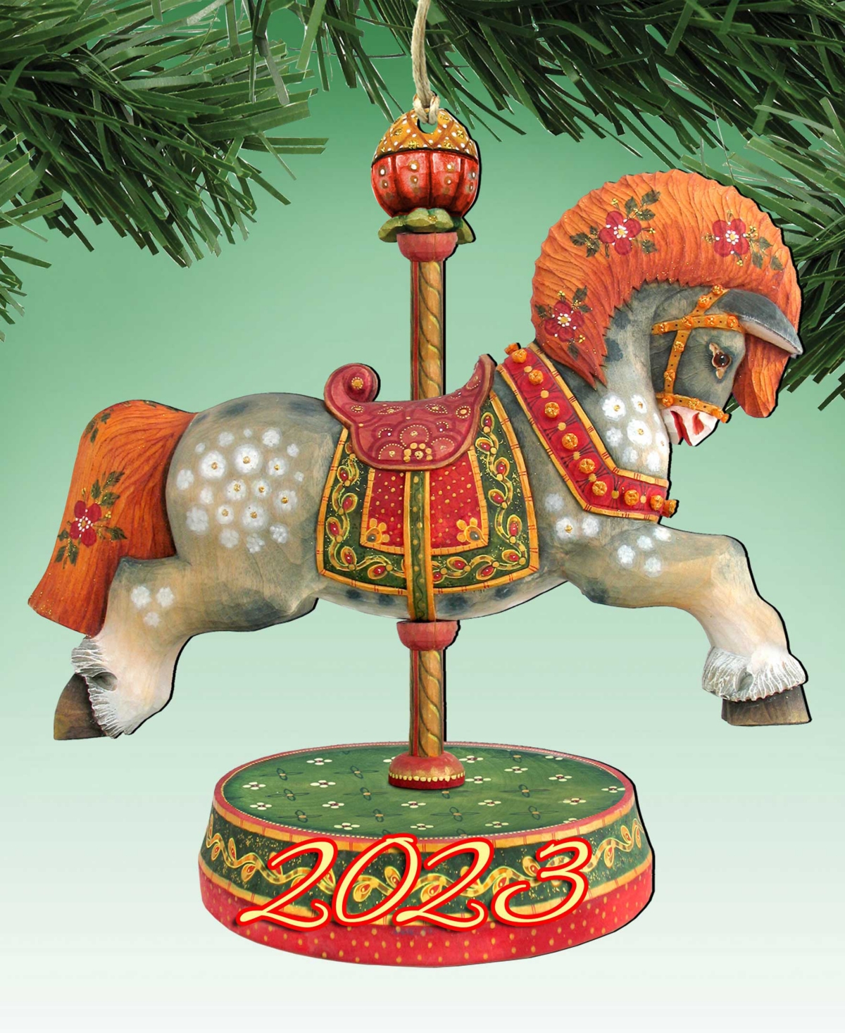 Designocracy 2023 Dated Carousel Horse Christmas Wooden Ornaments Holiday Decor Set Of 2 G. Debrekht In Multi Color