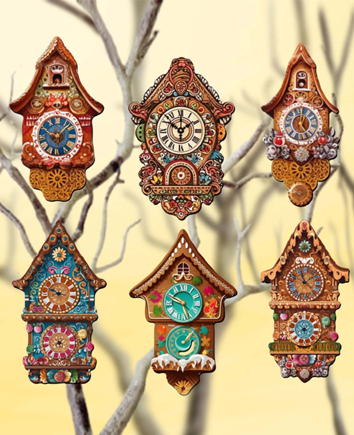 Designocracy Miniature Clock Christmas Wooden Clip-on Ornaments Set Of 6 G. Debrekht In Multi Color