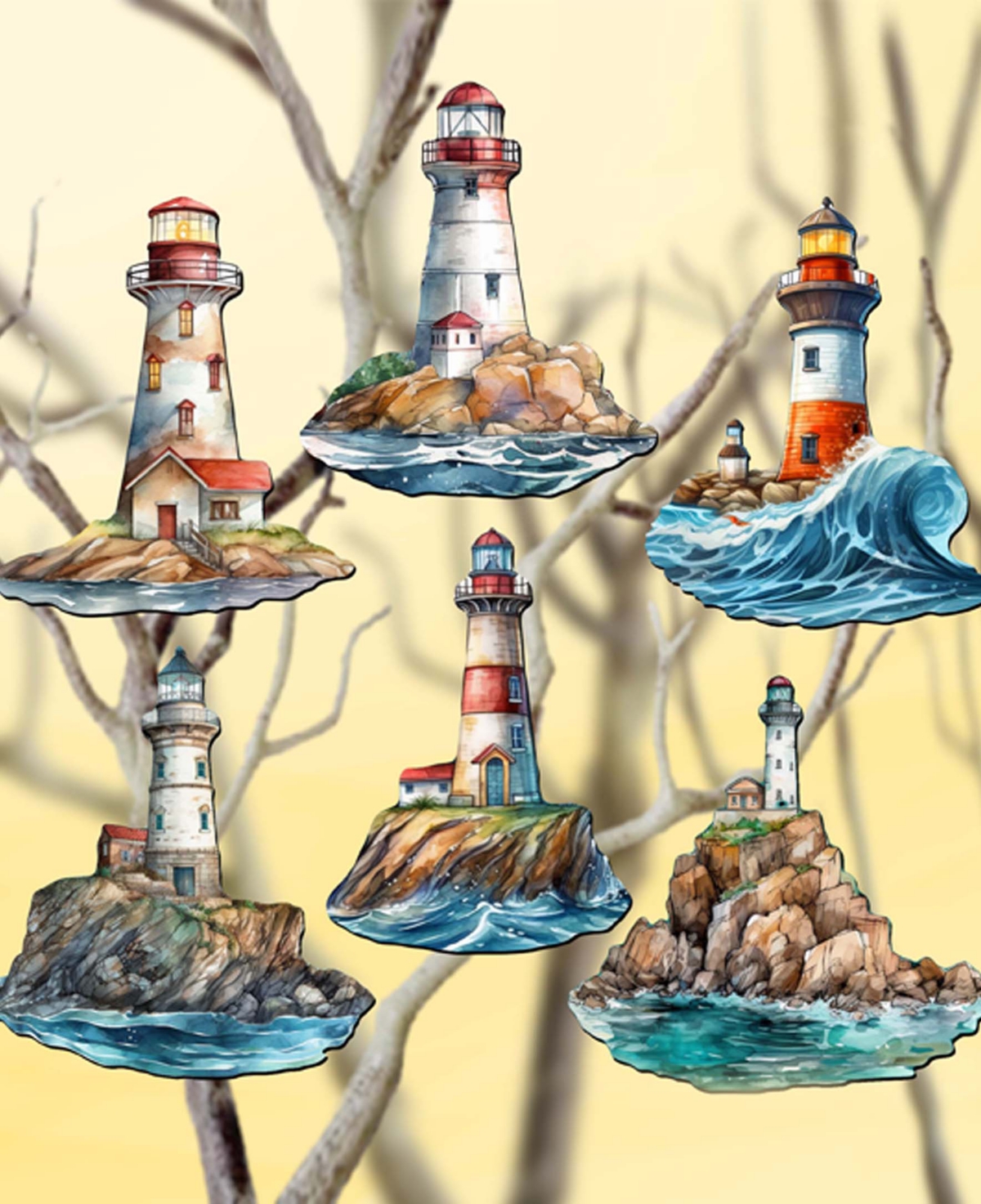 Designocracy Holiday Wooden Clip-on Ornaments Lighthouse Set Of 6 G. Debrekht In Multi Color