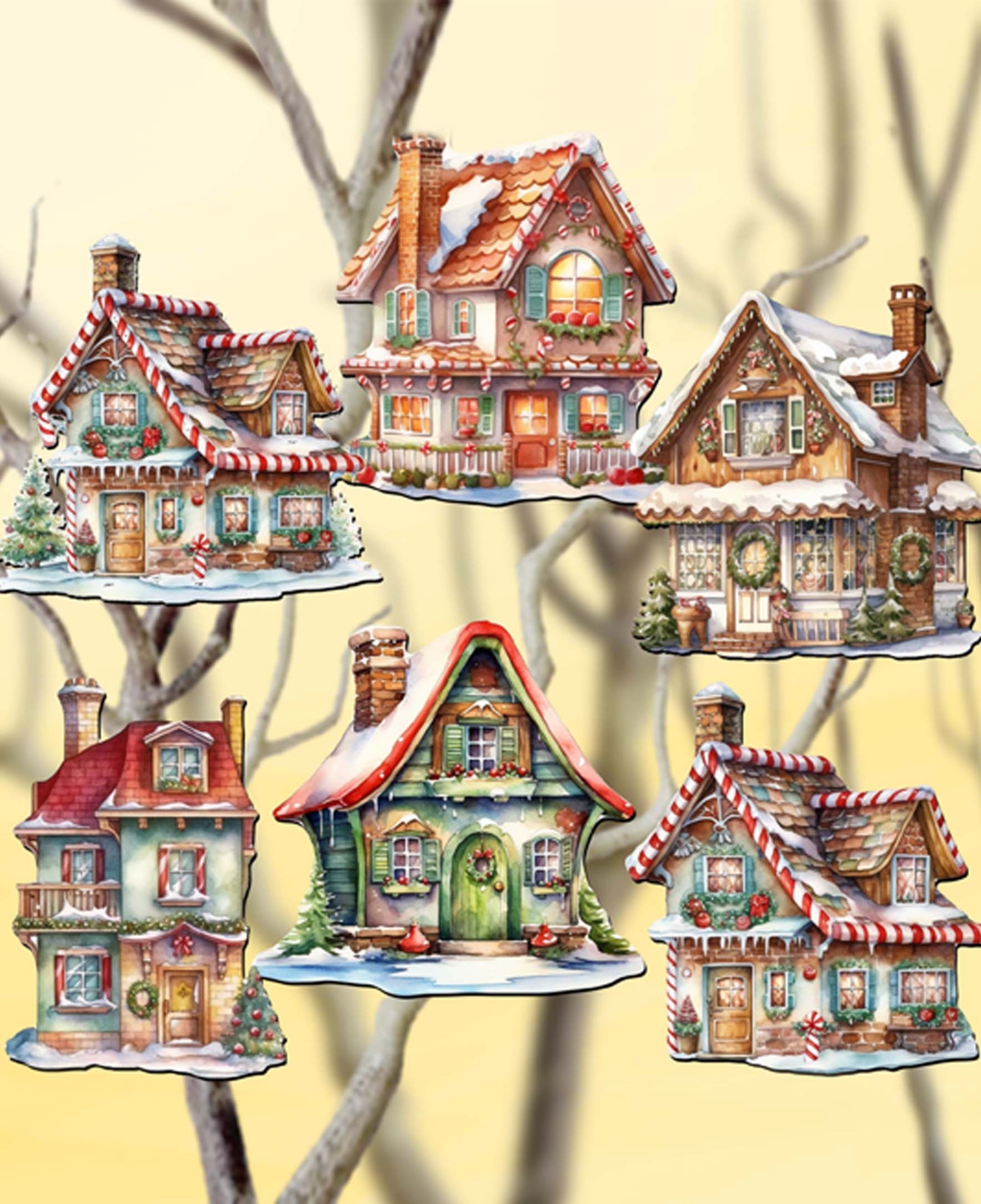 Designocracy Holiday Wooden Clip-on Ornaments Dream Houses Set Of 6 G. Debrekht In Multi Color