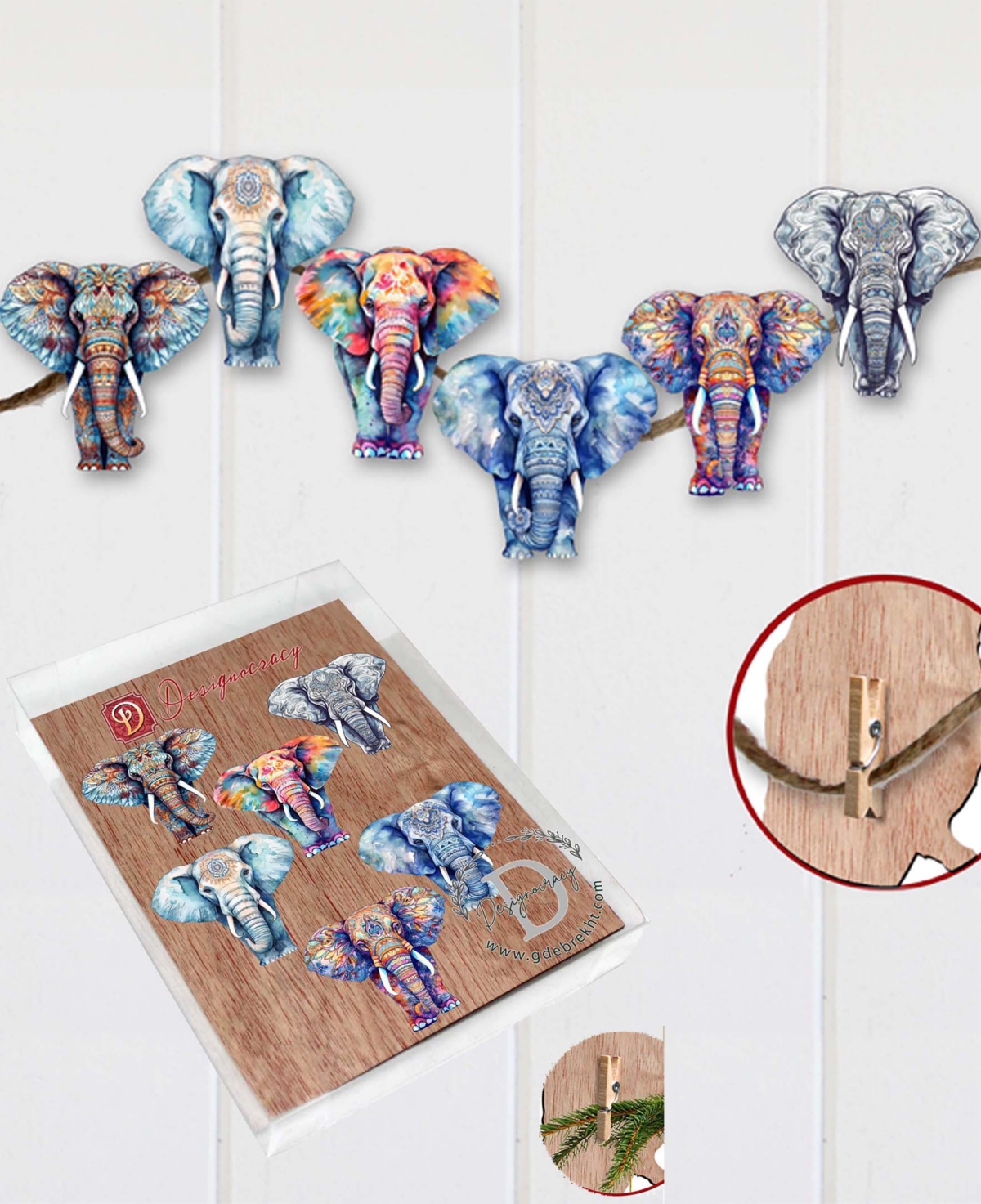Shop Designocracy Holiday Wooden Clip-on Ornaments Elephants Set Of 6 G. Debrekht In Multi Color