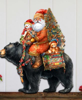 Santa Claus and Black Bear Christmas Door Decor Wooden Wall Decor G. DeBrekht