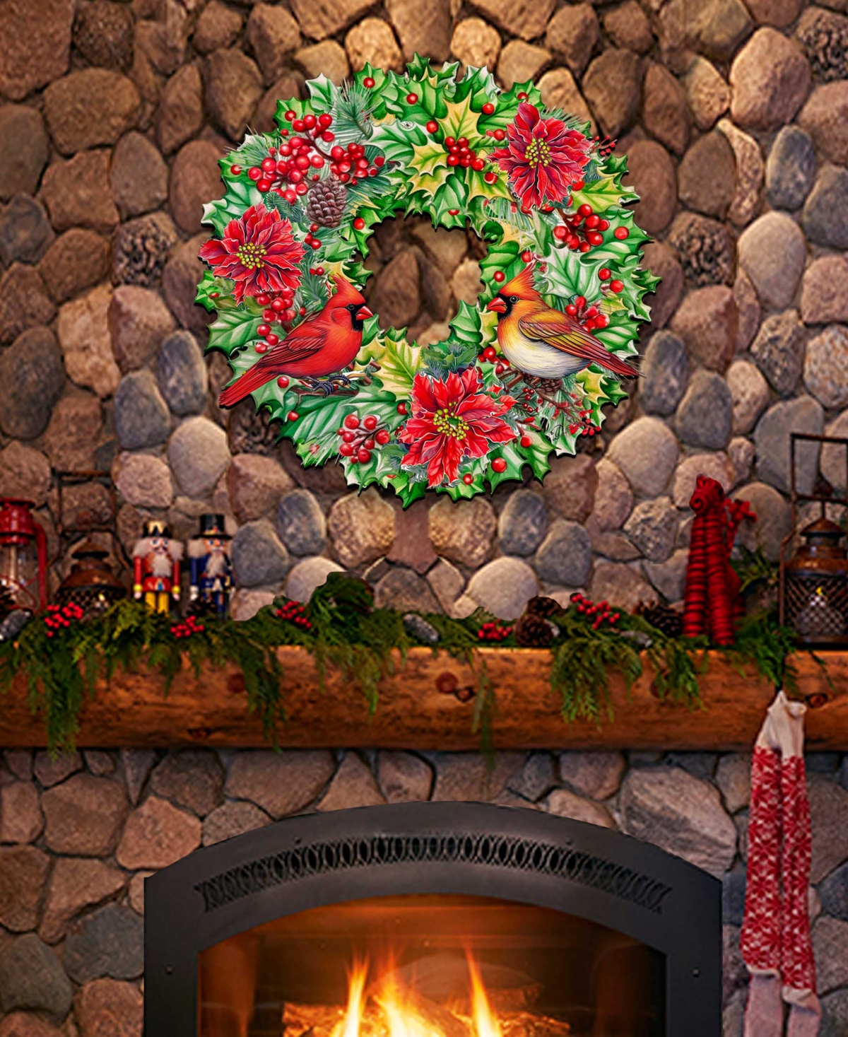 Shop Designocracy Cardinal Garland Wreath Christmas Door Hanger Wooden Door Decor G. Debrekht In Multi Color
