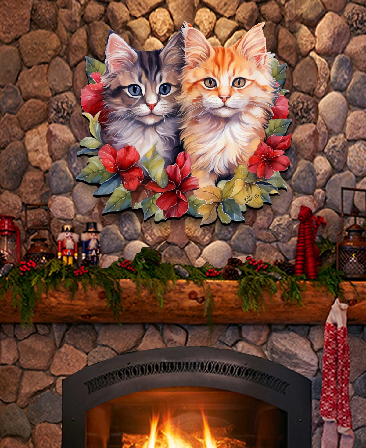 Designocracy Cute Kittens Christmas Wooden Door Hanger Door Decor G. Debrekht In Multi Color