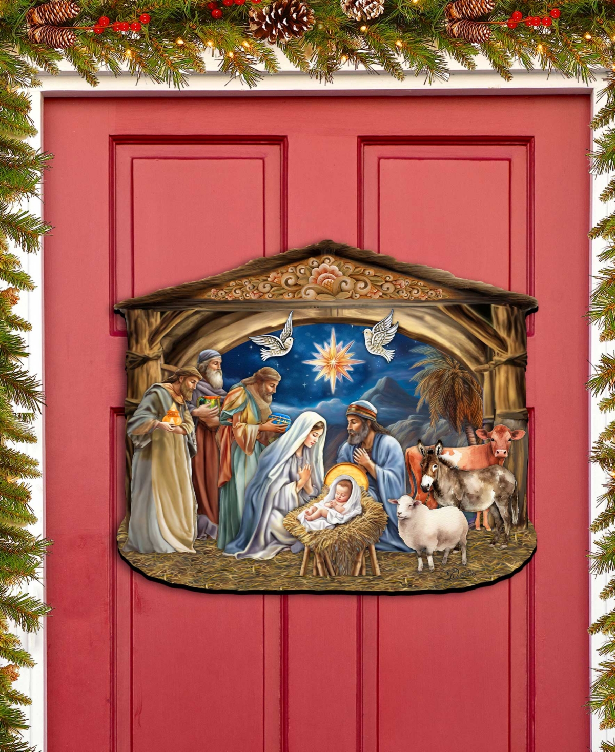 Shop Designocracy The Birth Of Jesus Nativity Scene Christmas Wooden Door Hanger Door Decor G. Debrekht In Multi Color