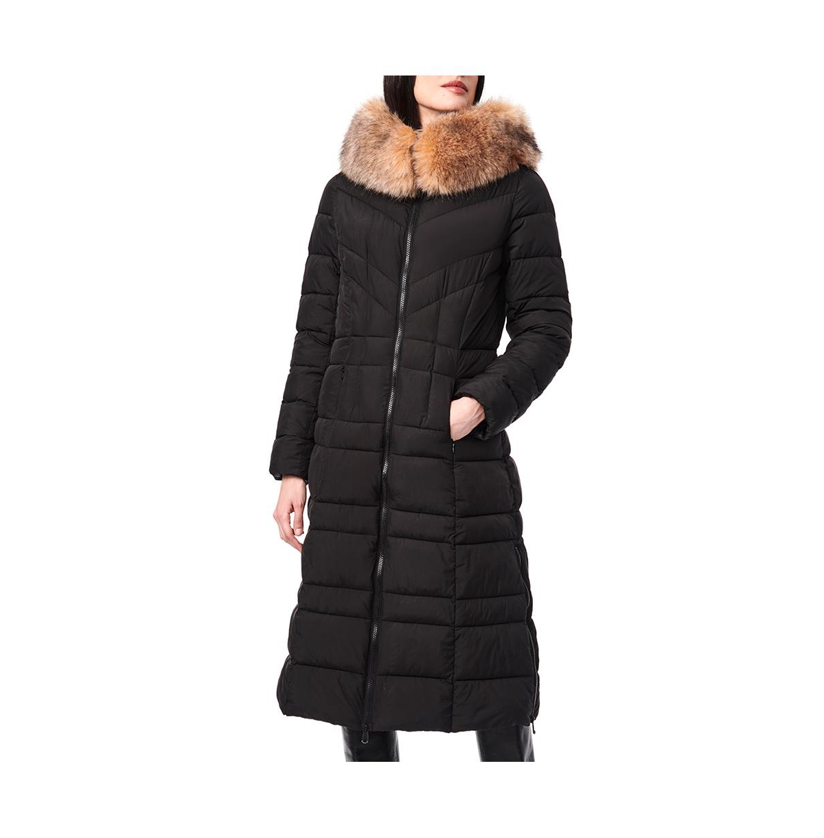 Women's Maxi Coat with Faux Fur Trim - Black