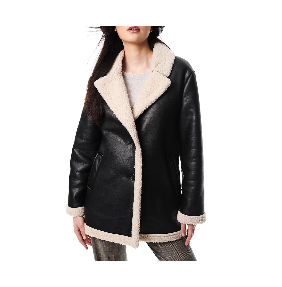 Women's Sherpa Lined Faux Leather Jacket - Black/cream