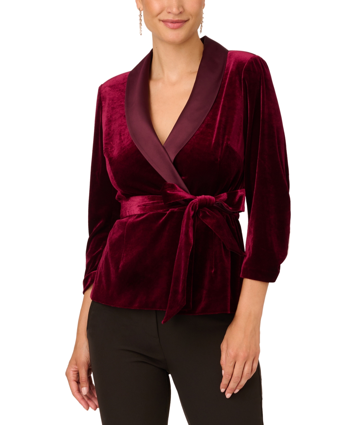 1920s Style Blouses, Shirts, Vest, Sweaters, Cardigans Adrianna Papell Womens Belted Velvet Shawl-Lapel Blazer - Burgundy $139.00 AT vintagedancer.com