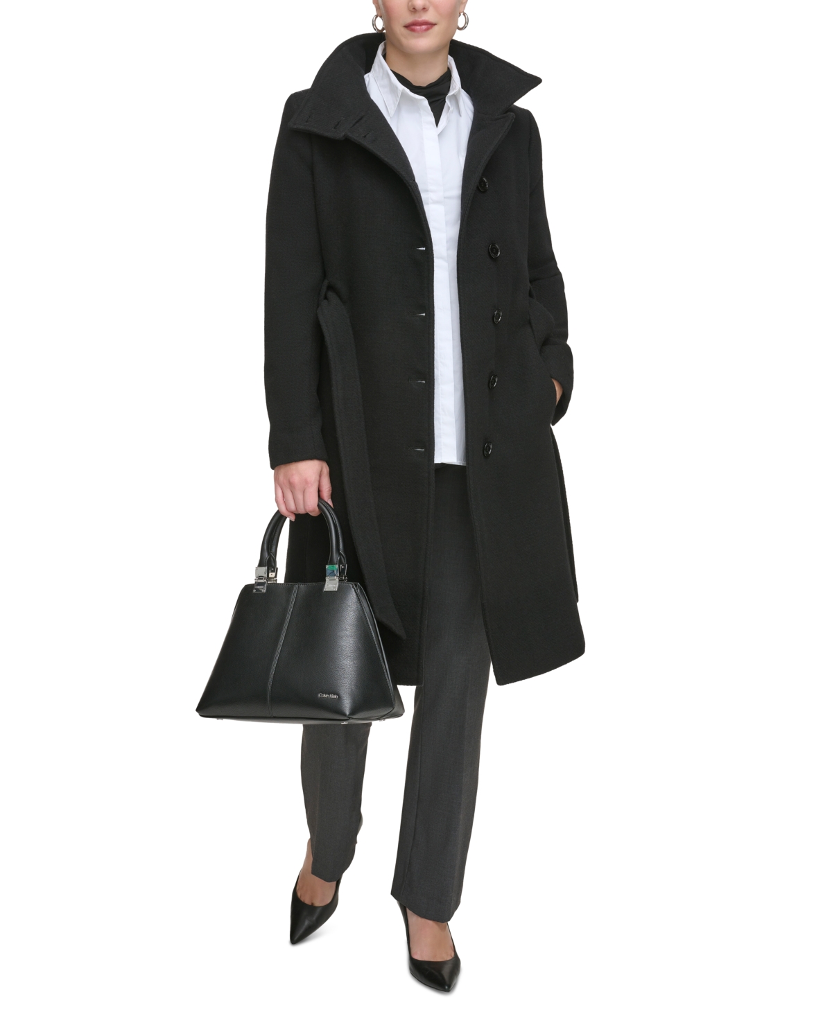 Calvin Klein Women's Wool Blend Belted Buttoned Coat In Black