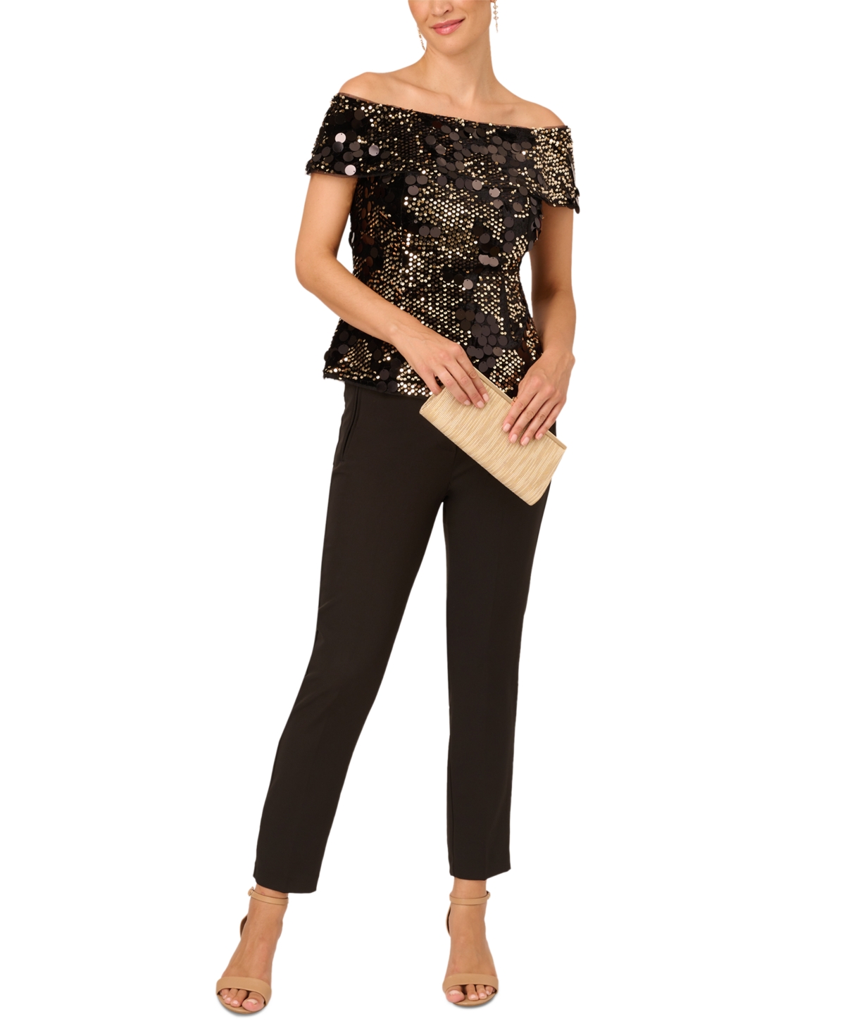 Adrianna Papell Women's Velvet Sequin Off-the-shoulder Top In Black,gold