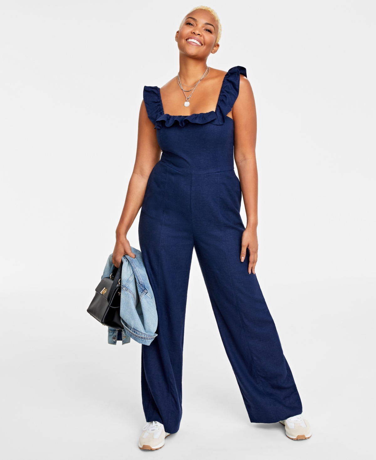On 34th Women's Ruffle-square-neck Sleeveless Jumpsuit, Created For Macy's In Intrepid Blue