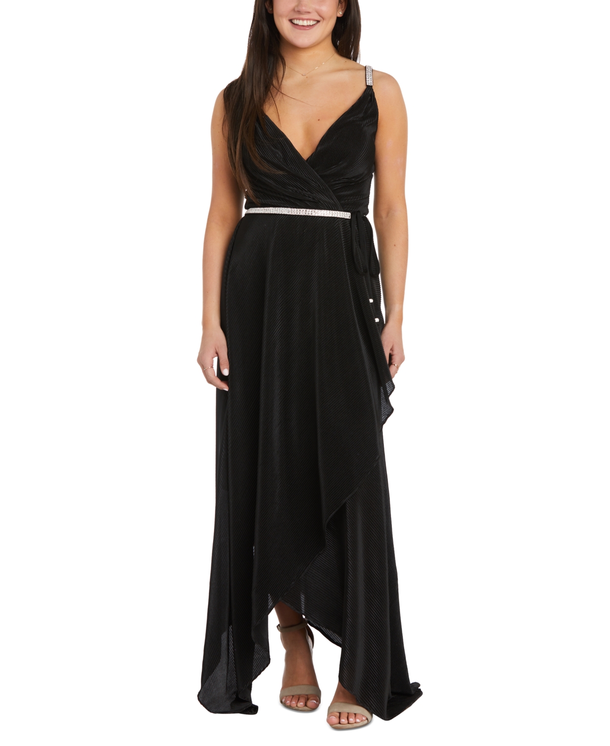 Women's Faux-Wrap Rhinestone-Trim Dress - Black