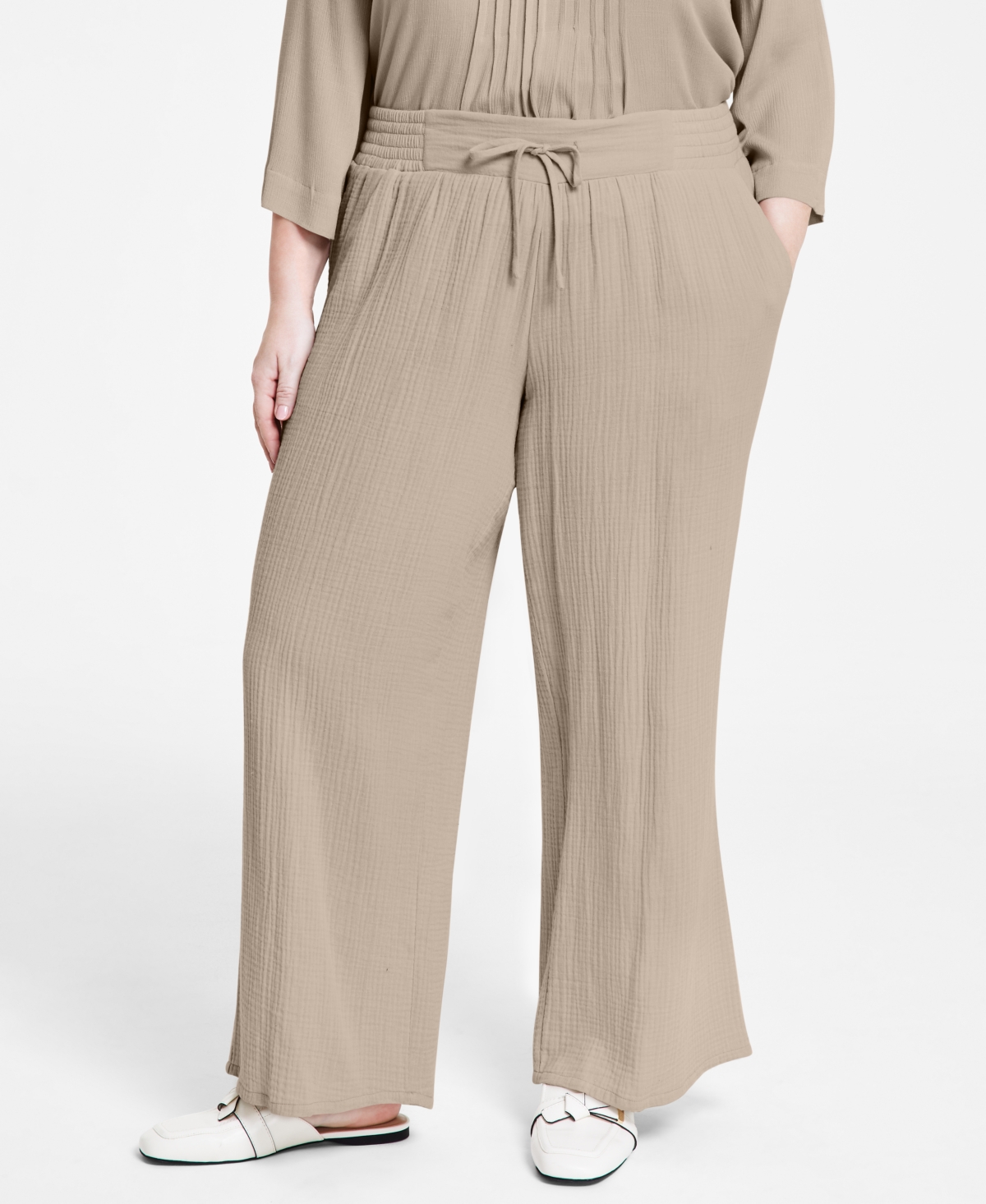 JM Collection Plus Size Gauze Drawstring Pants, Created for Macy's