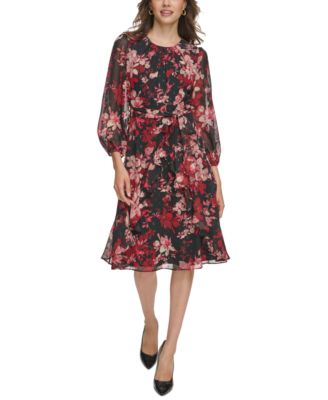 Jessica Howard - Petite Clip-Dot Chiffon Belted Midi Dress
