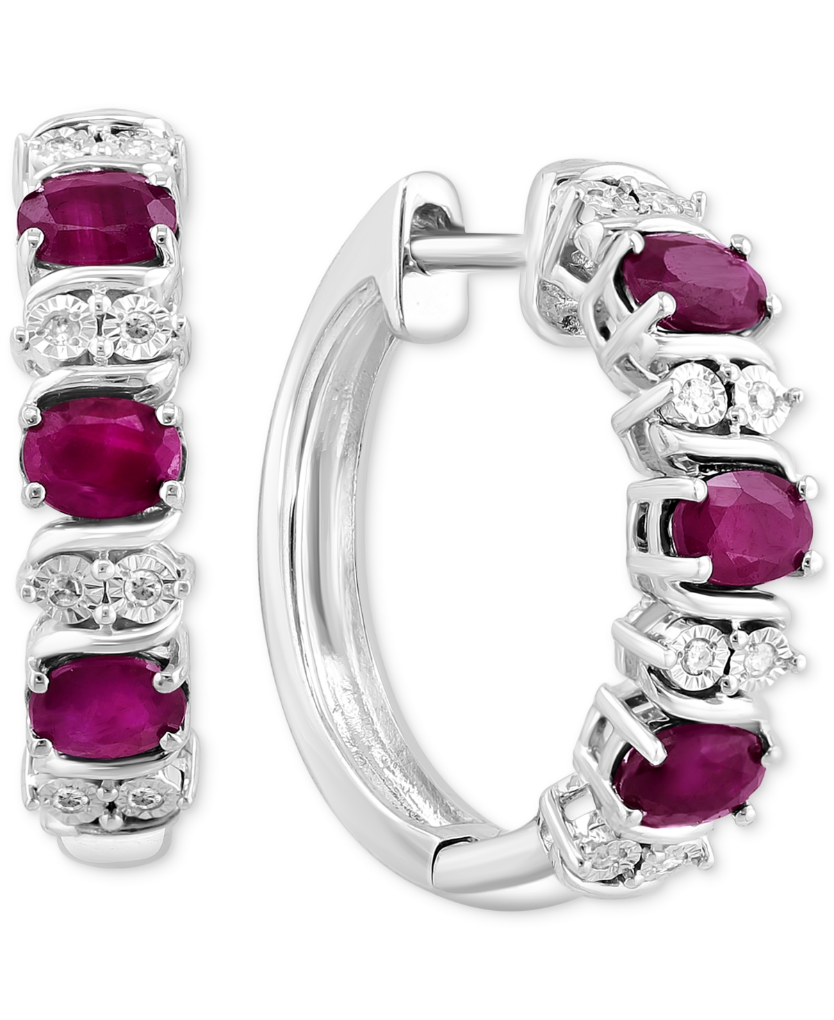 Effy Emerald (1-1/6 ct. t.w.) & Diamond (1/20 ct. t.w.) Extra Small Hoop Earrings in Sterling Silver, (Also available and Sapphire) - Ru