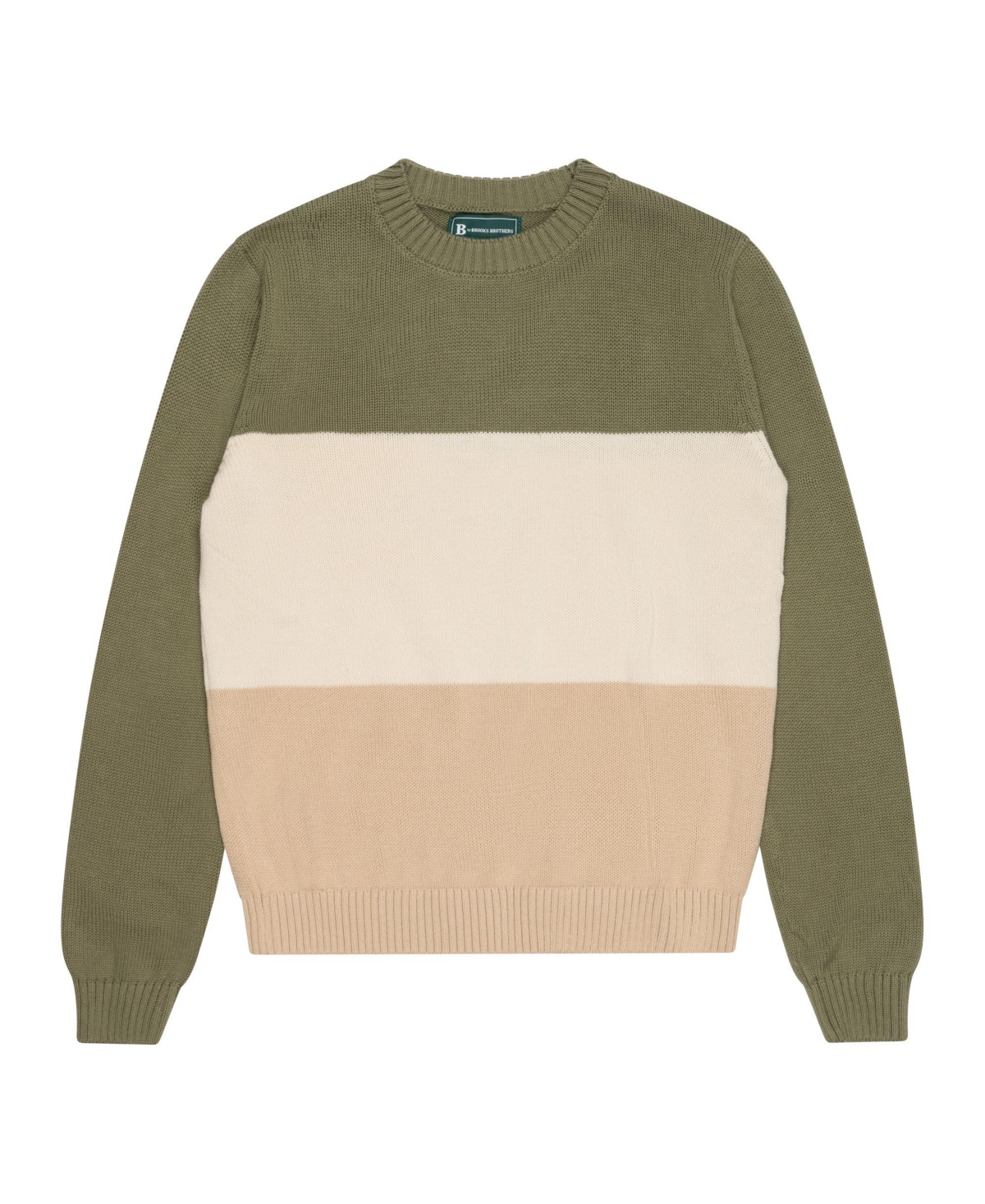 Brooks Brothers Kids' B By  Big Boys Cotton Color Blocked Long Sleeve Crewneck Sweater In Olive Green