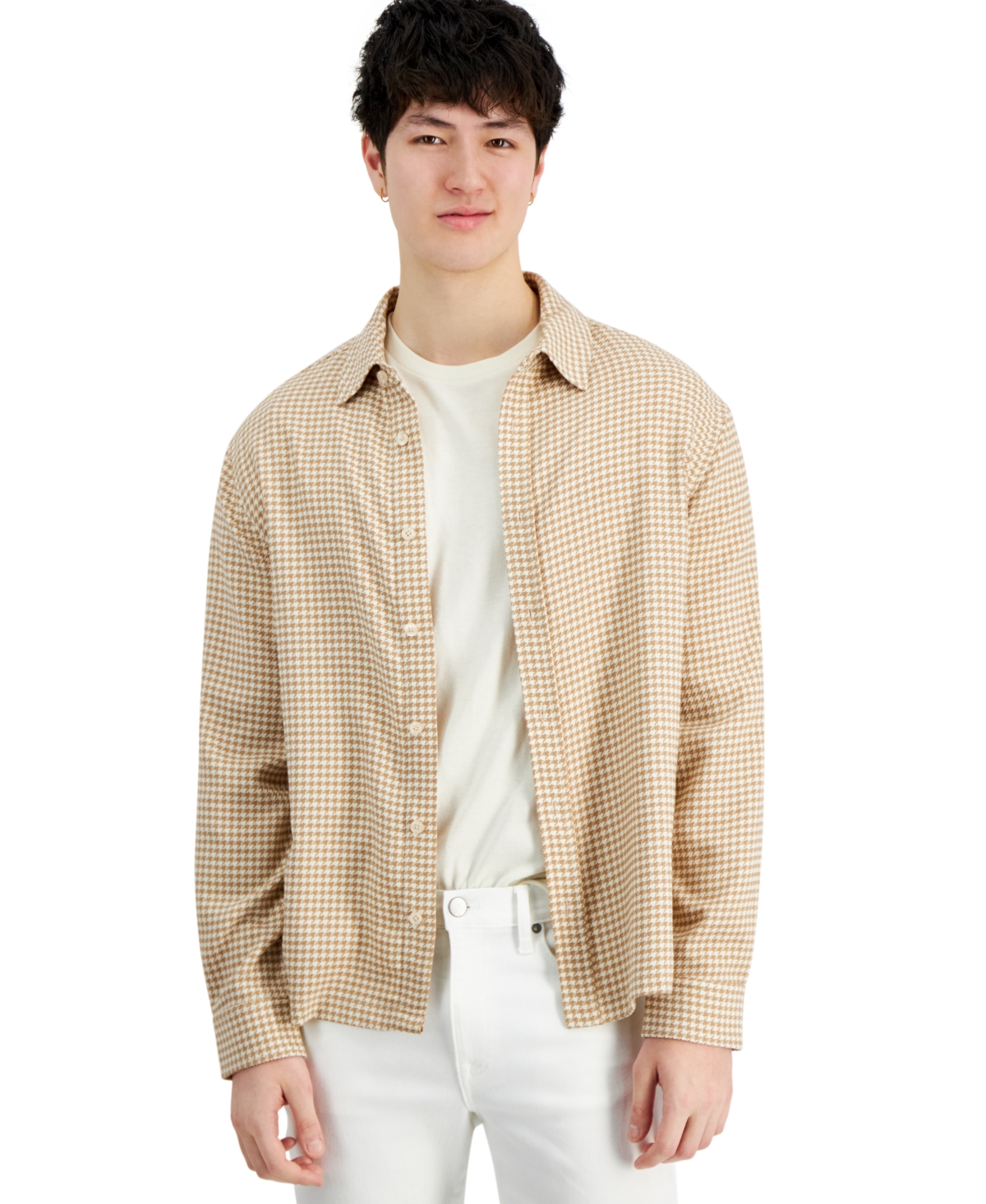 And Now This Men's Regular-fit Button-down Flannel Shirt, Created For Macy's In Brwn Houndstooth