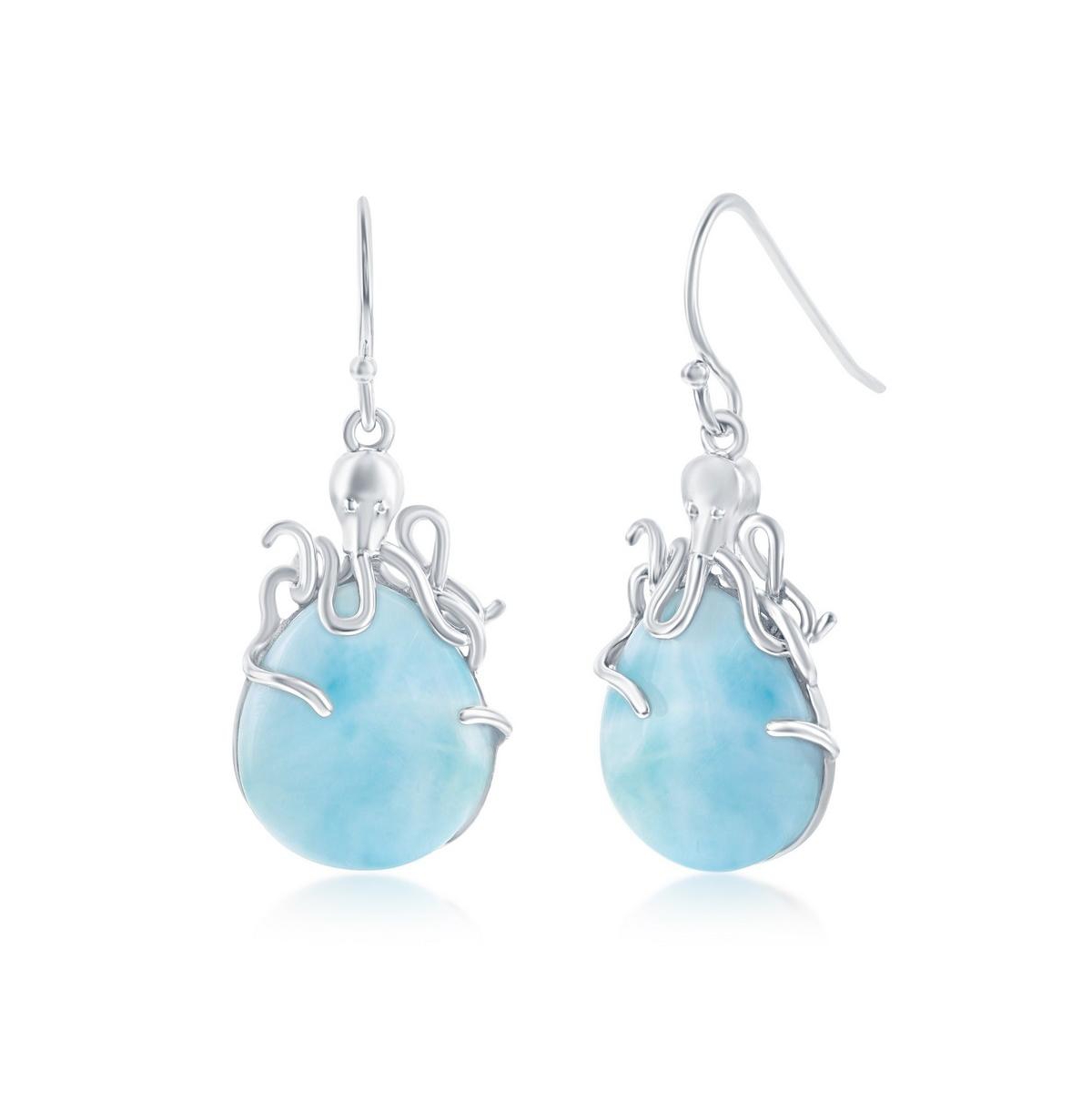 Sterling Silver Pear-Shaped Larimar Octopus Earrings - Blue  Gold