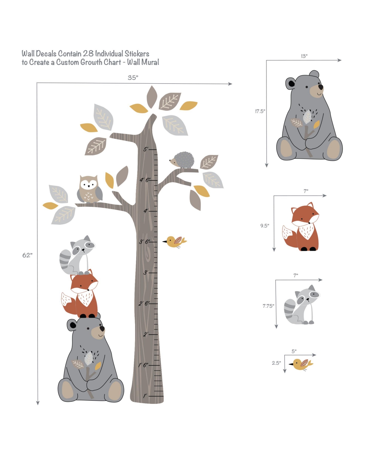 Lambs & Ivy Woodland Forest Tree with Animals Kids Growth Chart Wall Decals