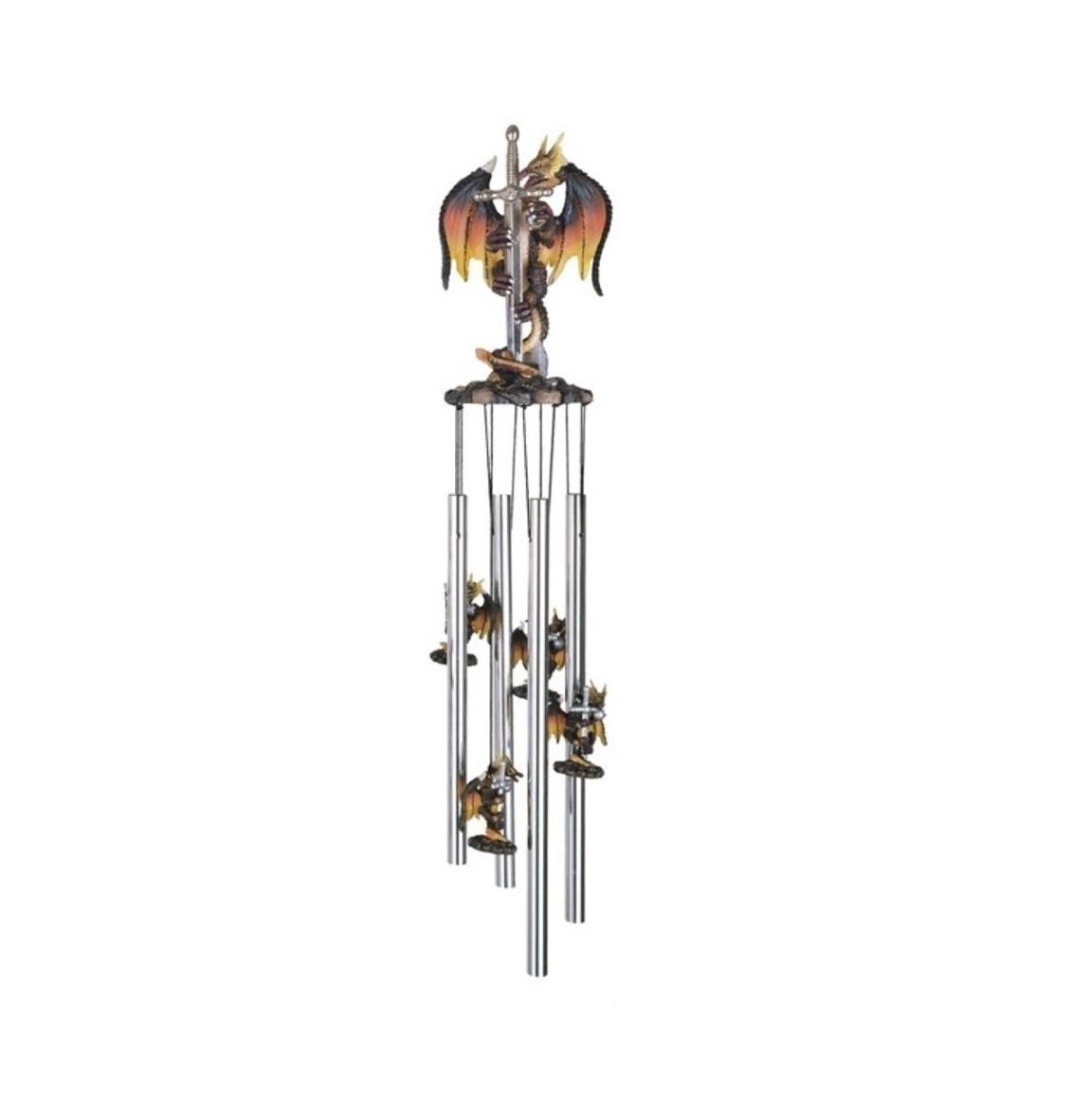 23" Long Dragon with Sword Round Top Wind Chime - Silver