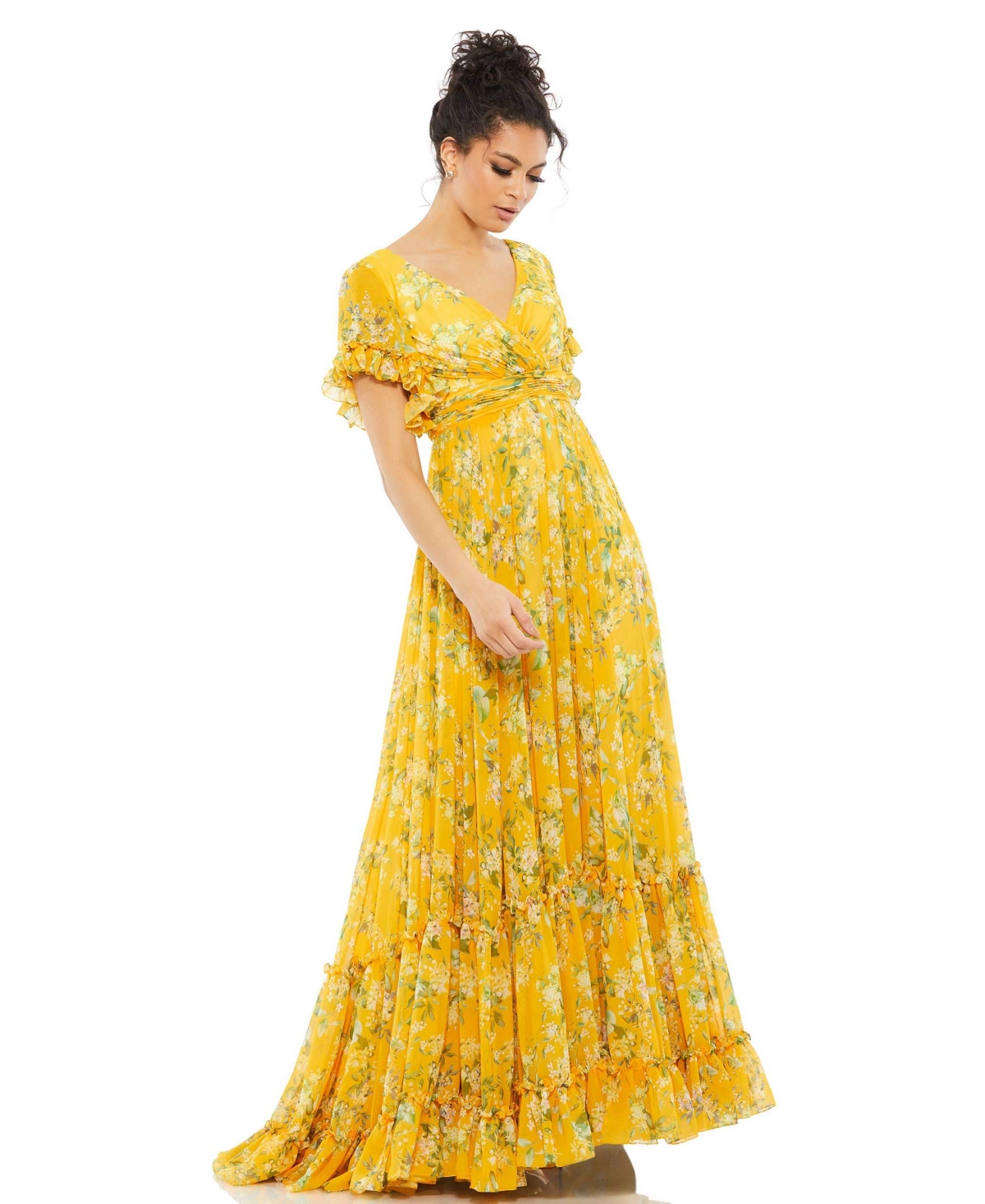 Vintage Evening Dresses, Vintage Formal Dresses Mac Duggal Womens Womens Ieena Flounce Sleeve Floral Maxi Dress - Yellow Multi $298.00 AT vintagedancer.com