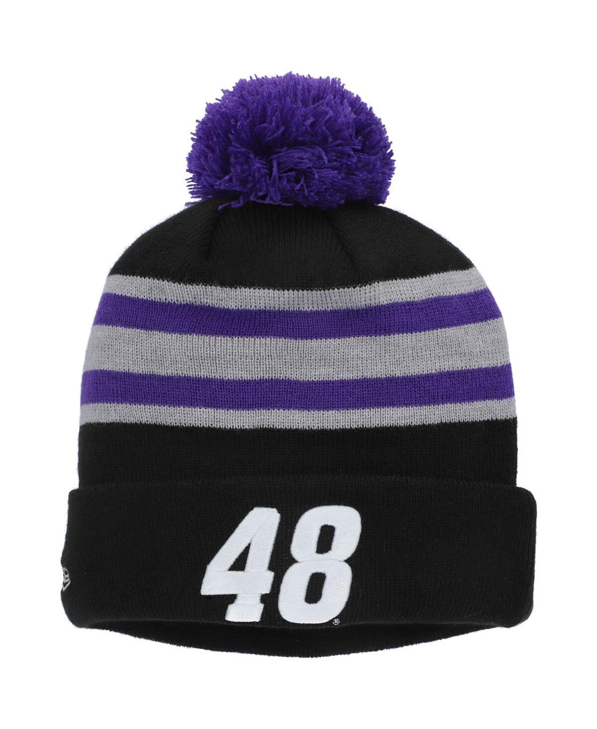 NEW ERA MEN'S NEW ERA PURPLE, BLACK ALEX BOWMAN CUFFED KNIT HAT WITH POM 