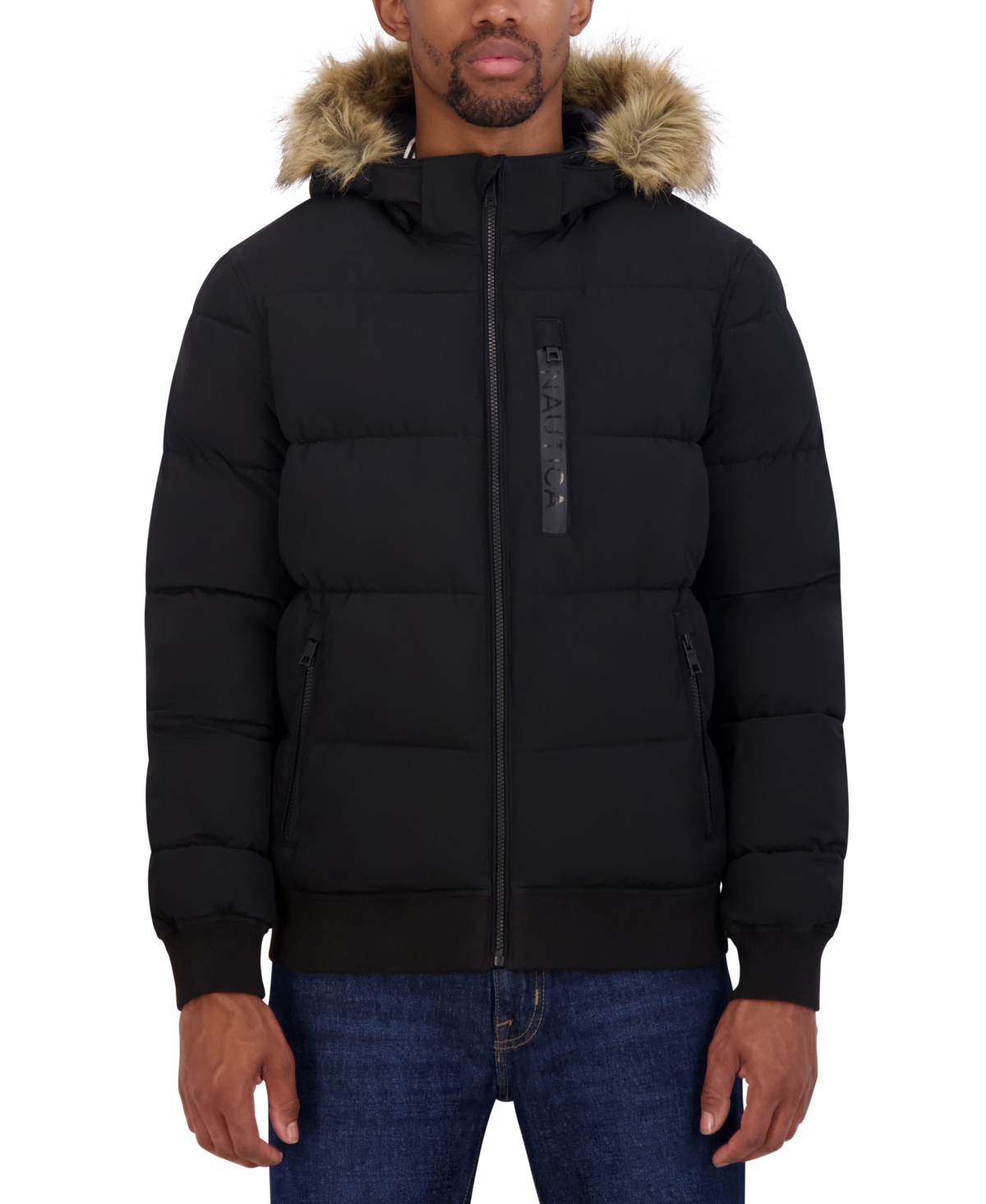 Shop Nautica Men's Zip-front Bomber Jacket With Faux Fur Hood In Black
