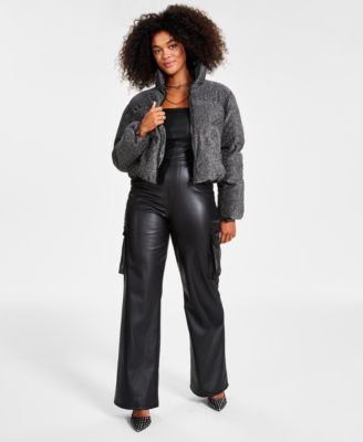 Womens Sparkle Cropped Puffer Jacket Faux Leather Strapless Cargo Pocket Jumpsuit Created For Macys