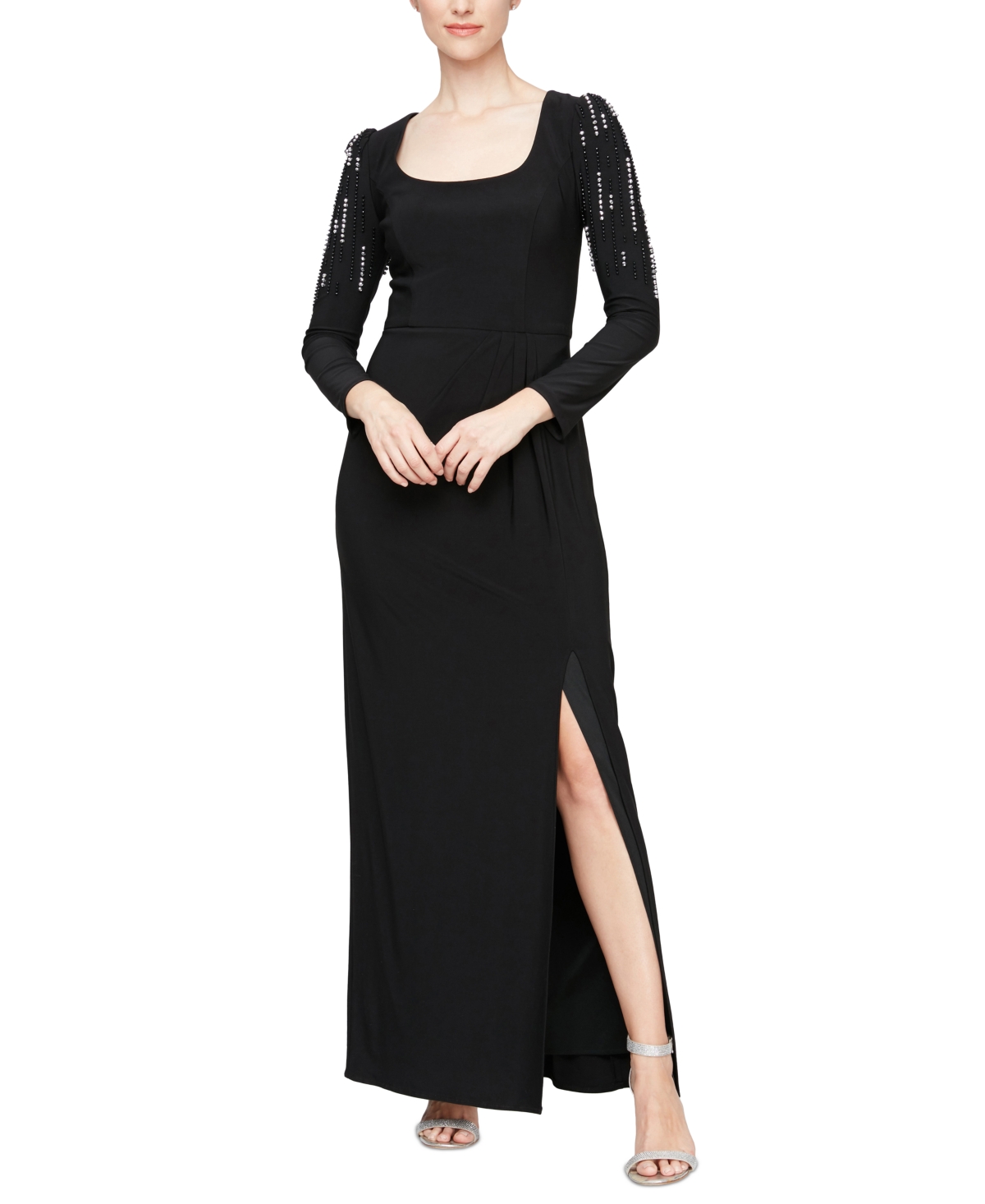 Women's Embellished Puff-Shoulder Long-Sleeve Dress - Black