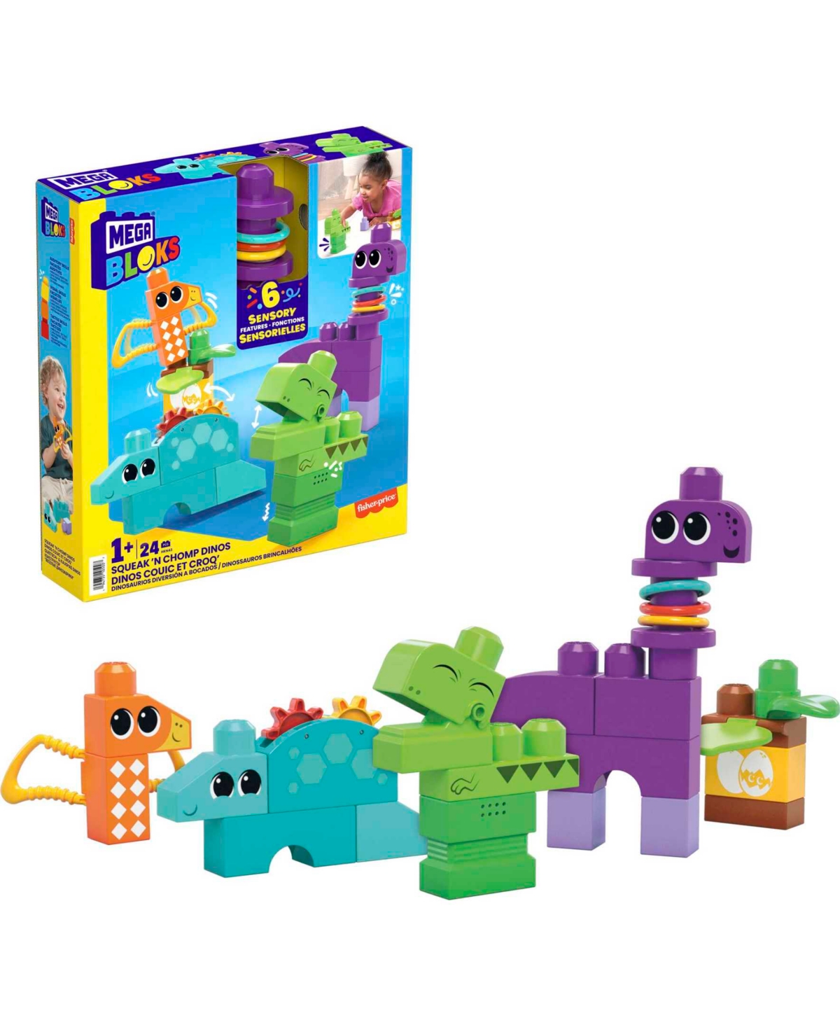 Mega Bloks Kids' Fisher Price Sensory Toy Blocks Squeak And Chomp Dinos Set In Multi-color