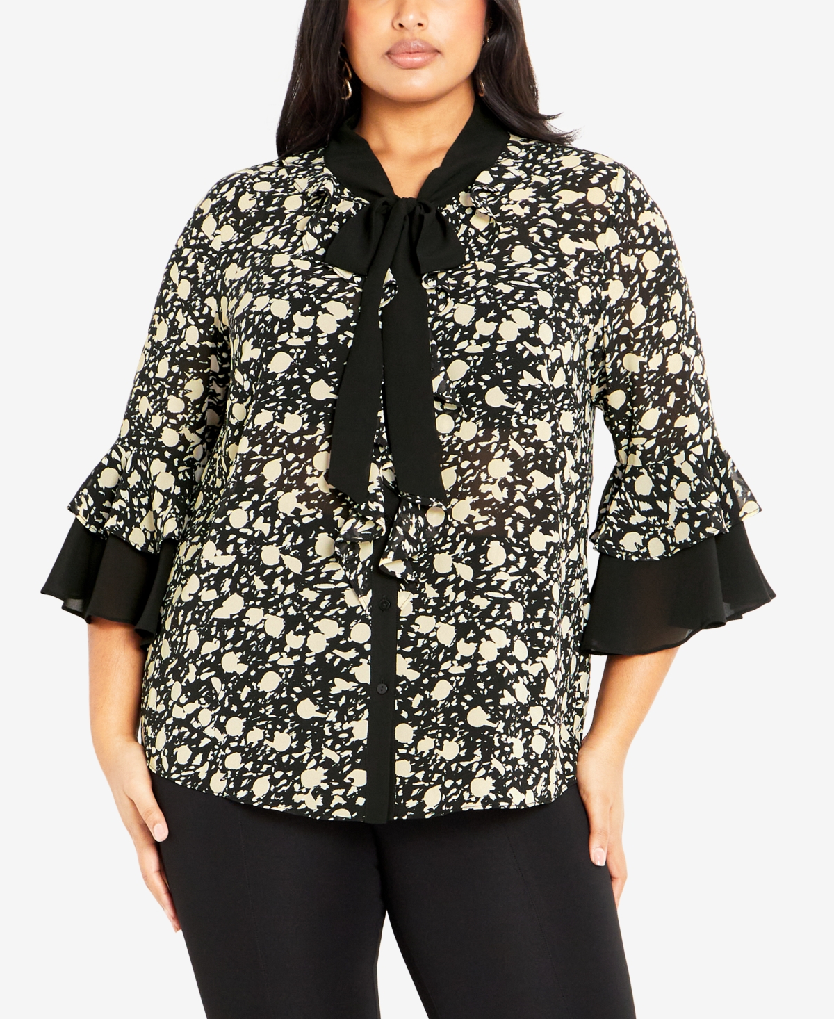 Avenue Plus Size Cassie Frill 3/4 Sleeve Shirt In Black Noise