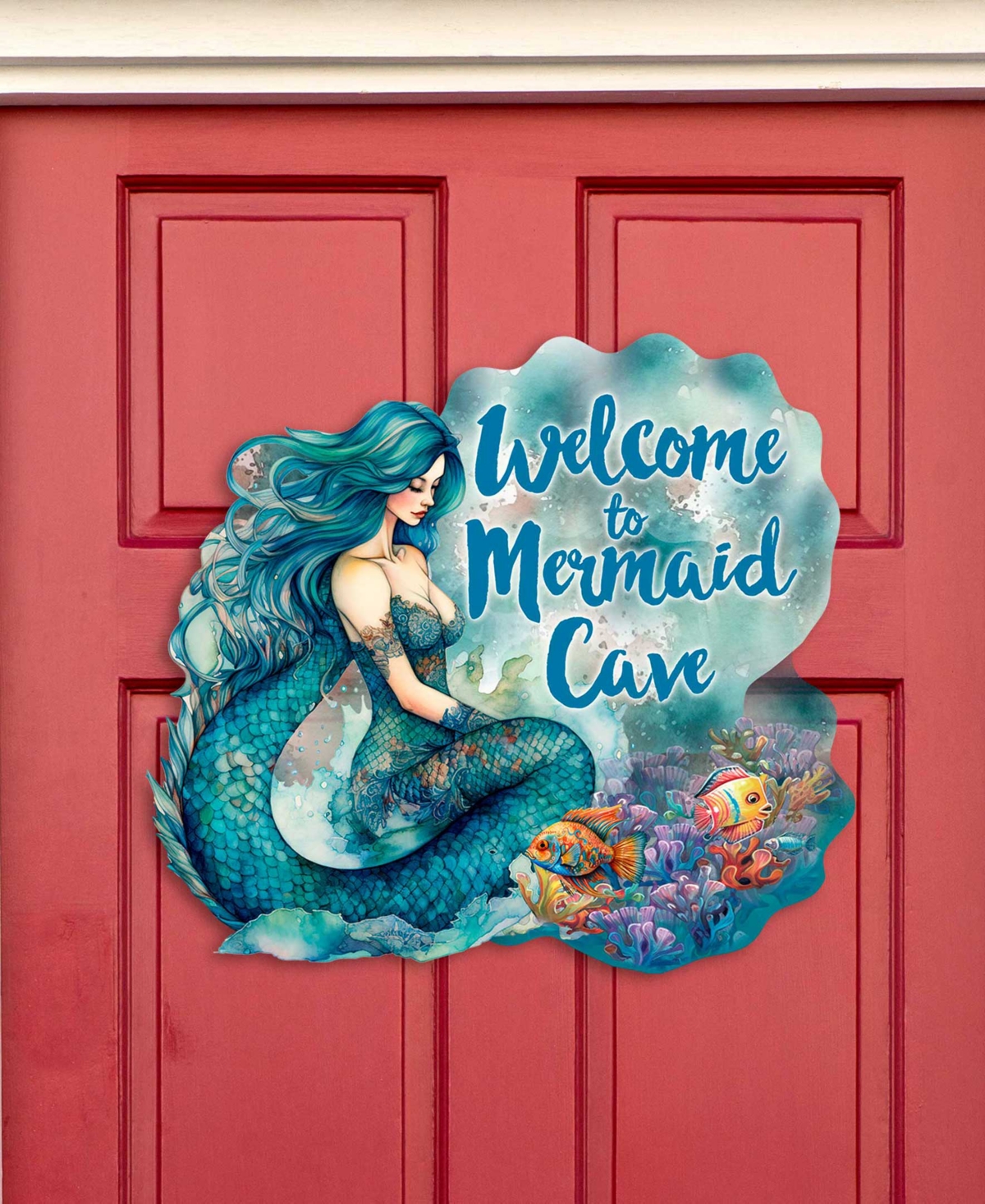 Designocracy Holiday Door Decor Wooden Welcome Sign Welcome To Mermaid Cave G. Debrekht In Multi Color
