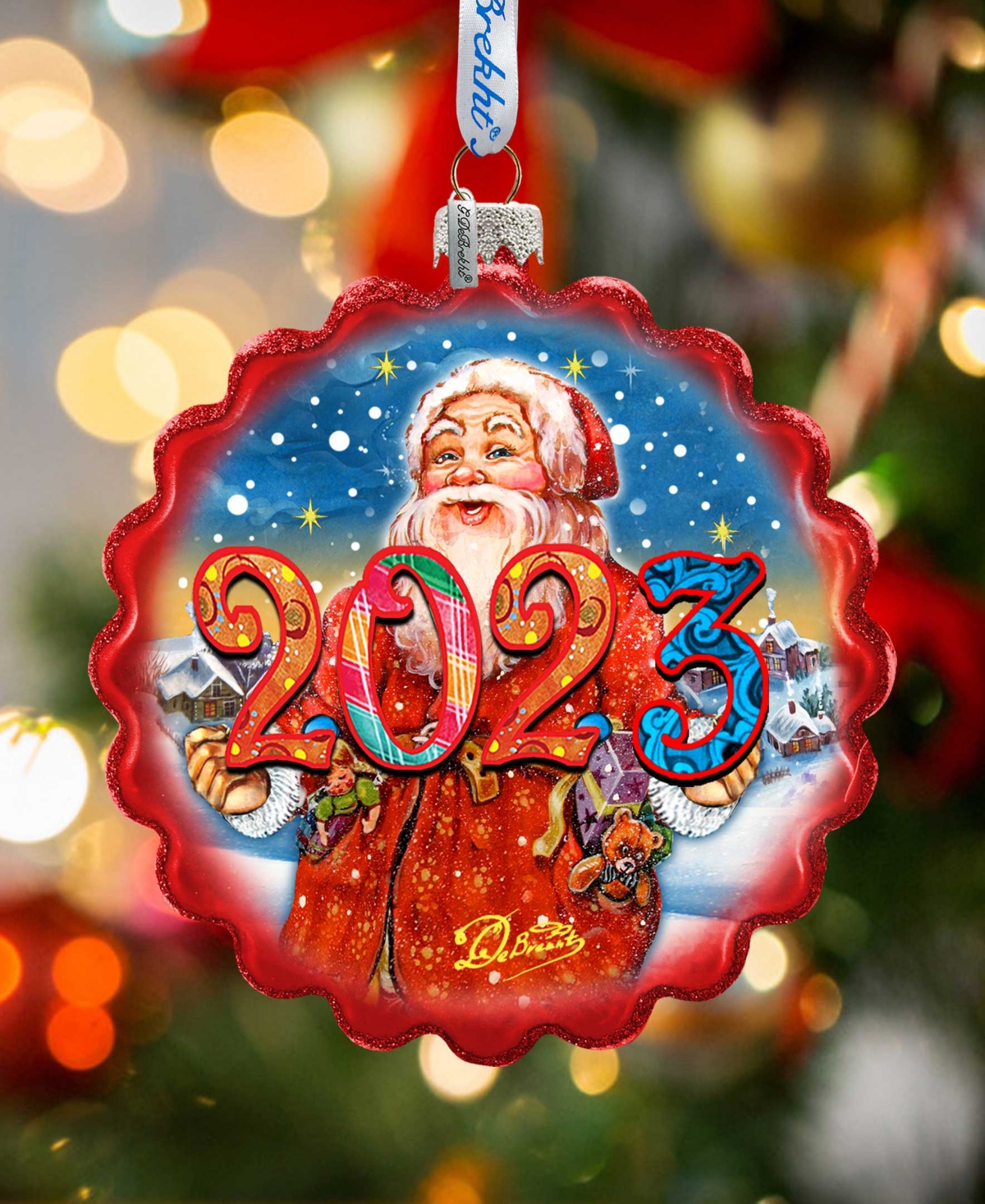 Shop Designocracy 2023 Dated Celebration Santa Wreath Christmas Glass Ornaments G. Debrekht In Multi Color
