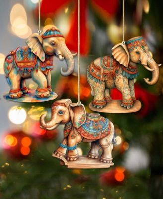 Carousel Elephants Christmas Wooden Ornaments Set of 3 G. DeBrekht