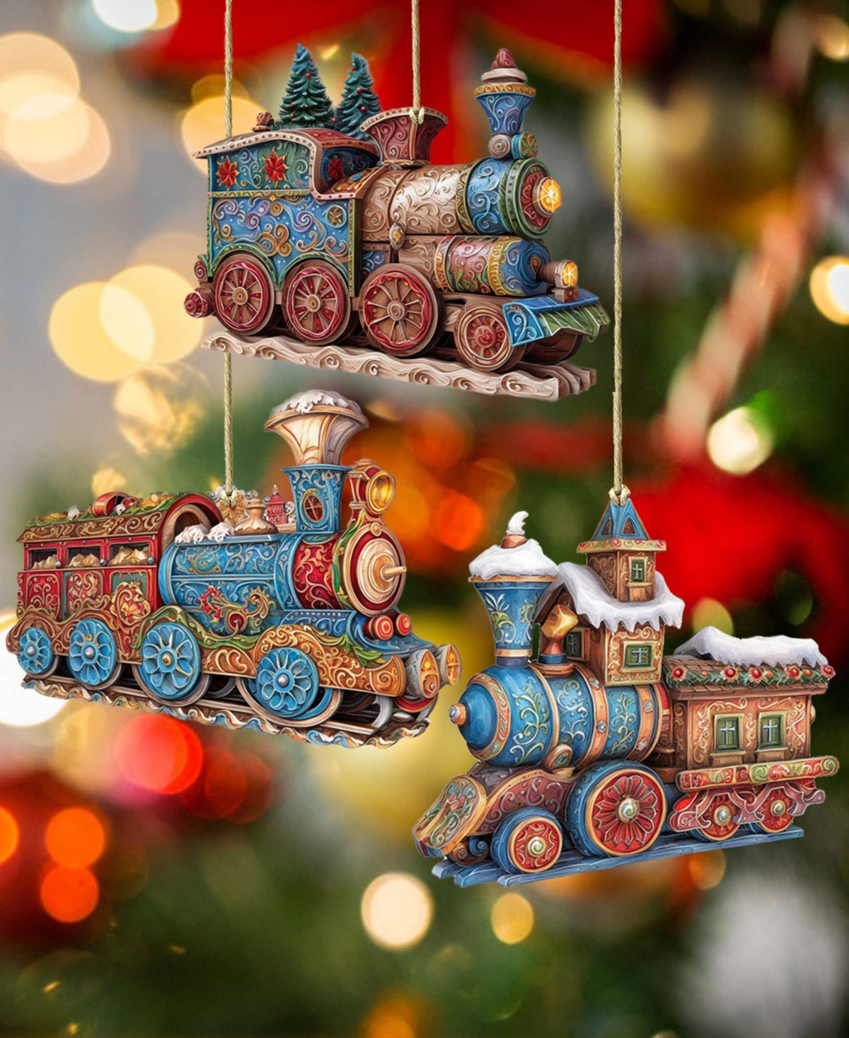 Shop Designocracy Christmas Train Christmas Wooden Ornaments Holiday Decor Set Of 3 G. Debrekht In Multi Color