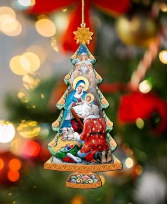 Adoration Nativity Tree Christmas Wooden Ornaments Holiday Decor Set of 2 G. DeBrekht