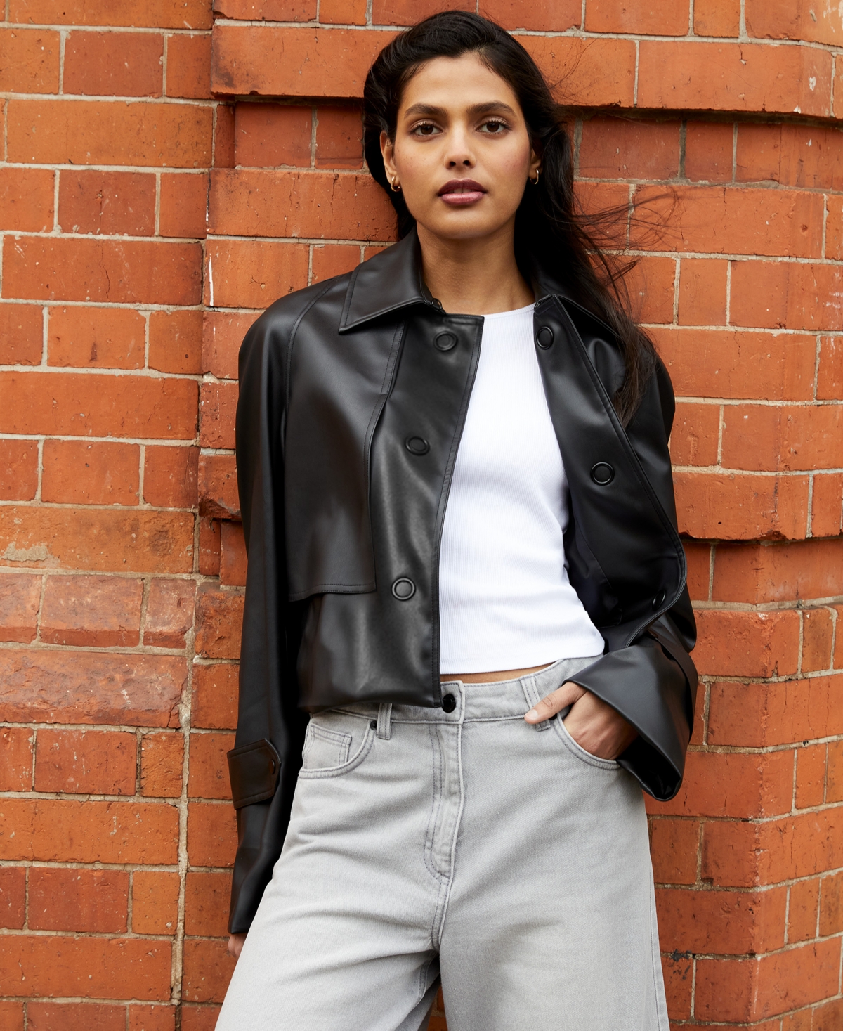 French Connection Women s Corlenda Faux Leather Cropped Trench Jacket Black Smart Closet