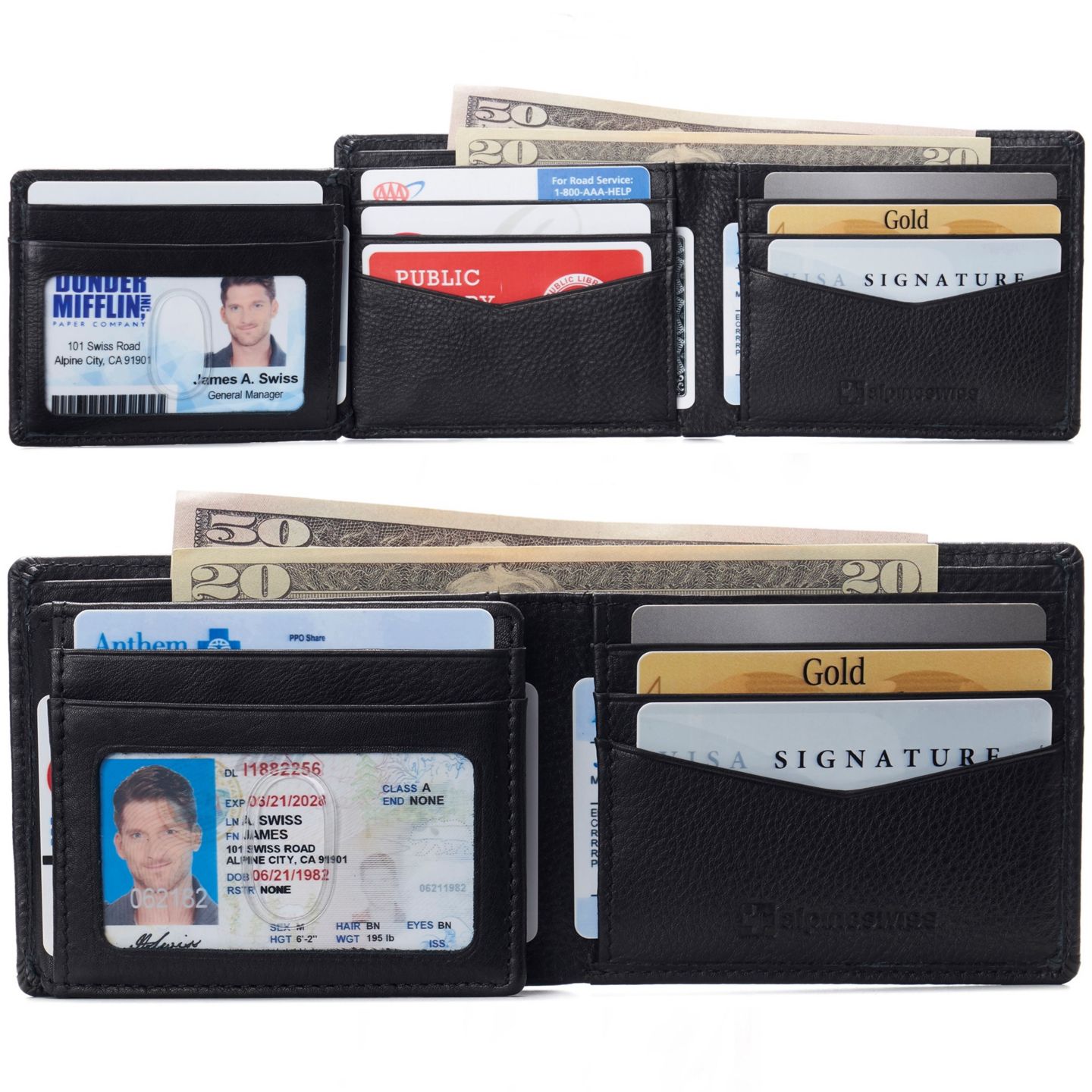 Мужской кошелёк Alpine Swiss Wallet for Men RFID Protected Leather Wallet Spencer Bifold Divided Bill Section Gift Box 2 ID Windows 14 Card Storage Pockets, цвет: Чёрный — фото 1