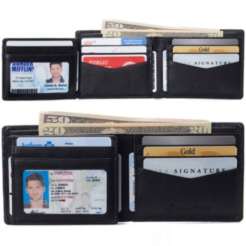 Мужской кошелёк Alpine Swiss Wallet for Men RFID Protected Leather Wallet Spencer Bifold Divided Bill Section Gift Box 2 ID Windows 14 Card Storage Pockets, цвет: Чёрный